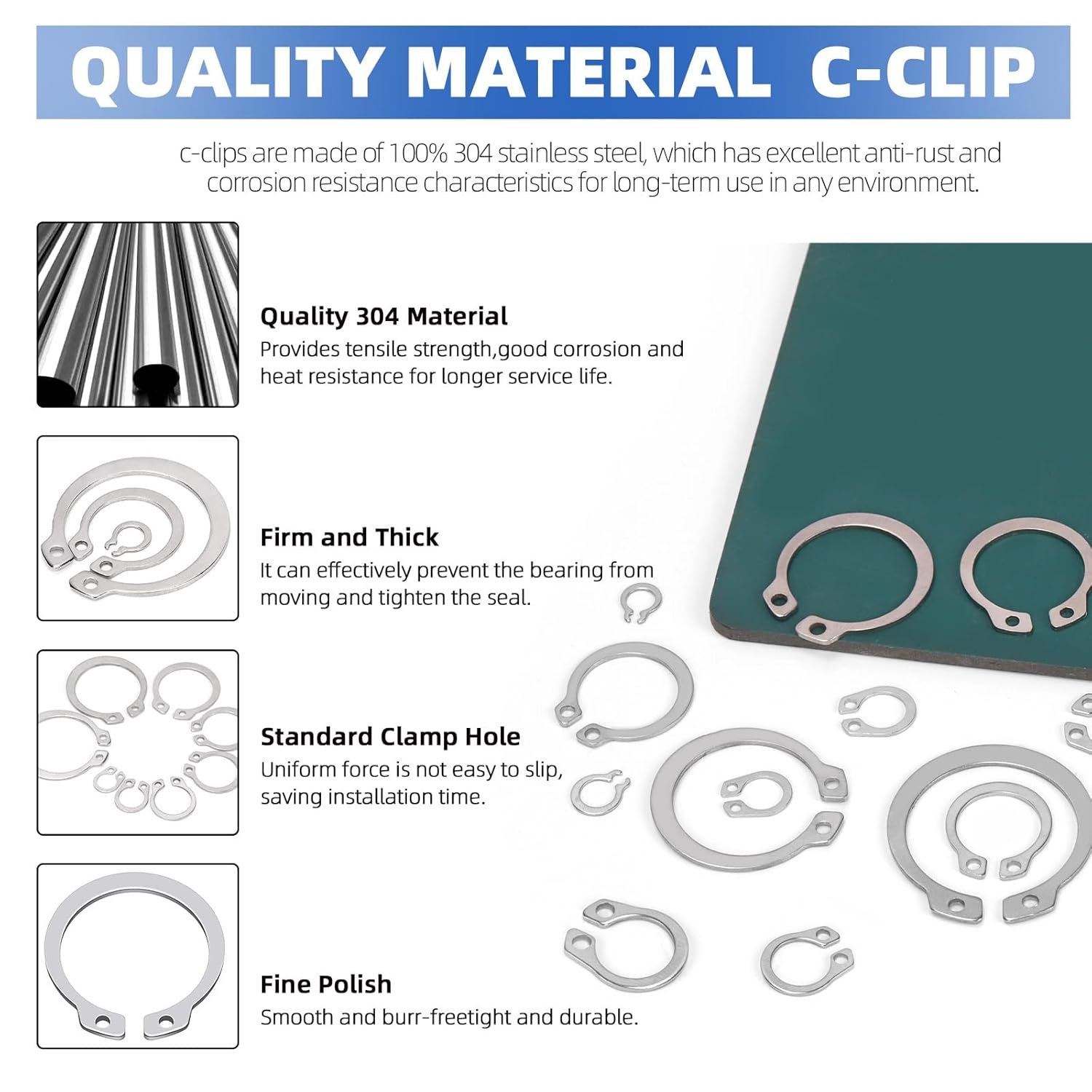 Glarks 211Pcs 21 Sizes C-Clip External Retaining Rings Assortment Set, 304 Stainless Steel 4MM-28MM Snap Ring Shop Assortment Circlip Retainer Rings with a Tweezer for Axles, Shafts and Moving Parts image number 6