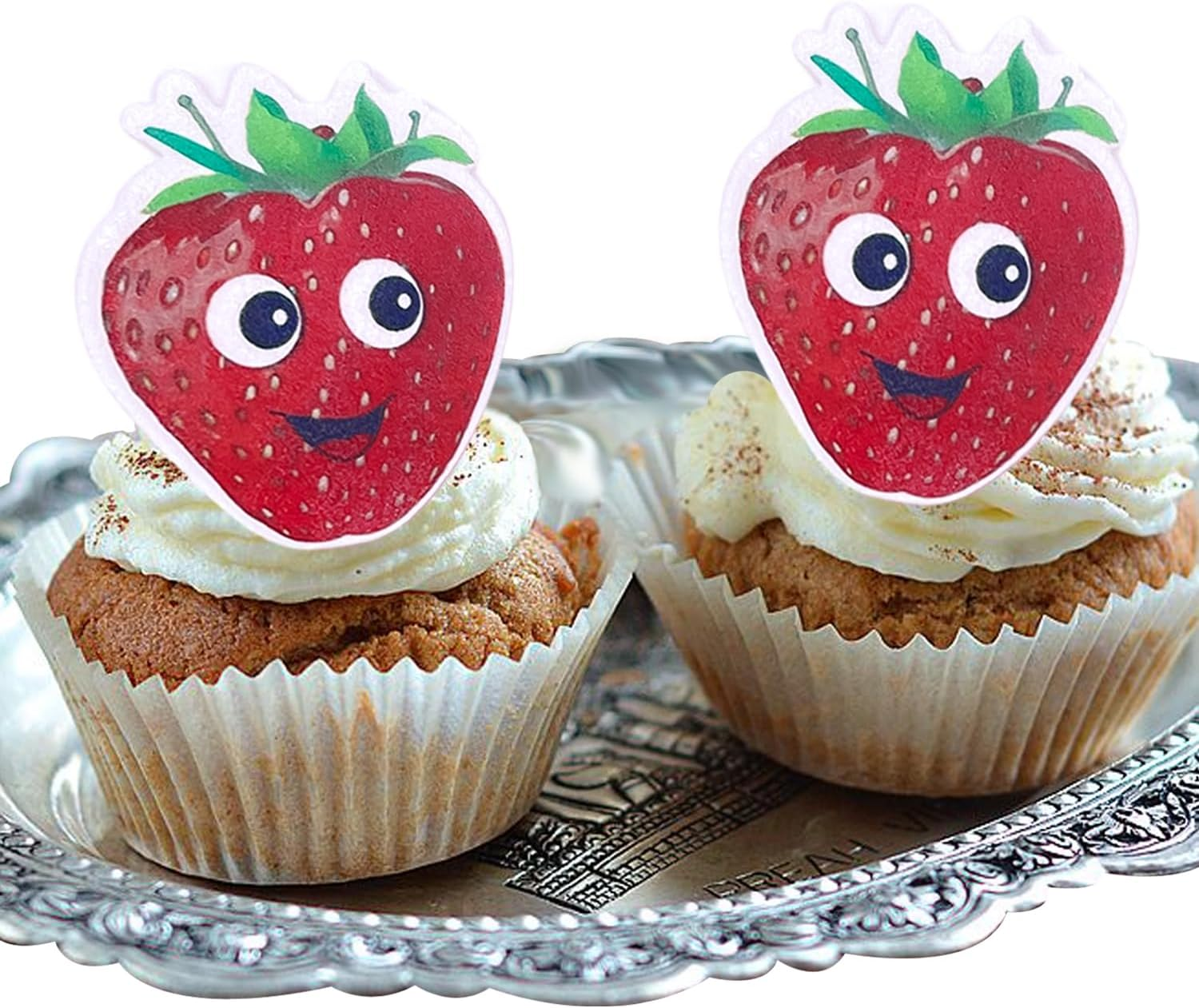 Cartoon Fruit Smiley Cupcake Decoration Card, Edible Wafer Paper Creative Baby Full Moon Bath Birthday Series Theme Party Dress up Plug-In (Strawberry 50Pcs)