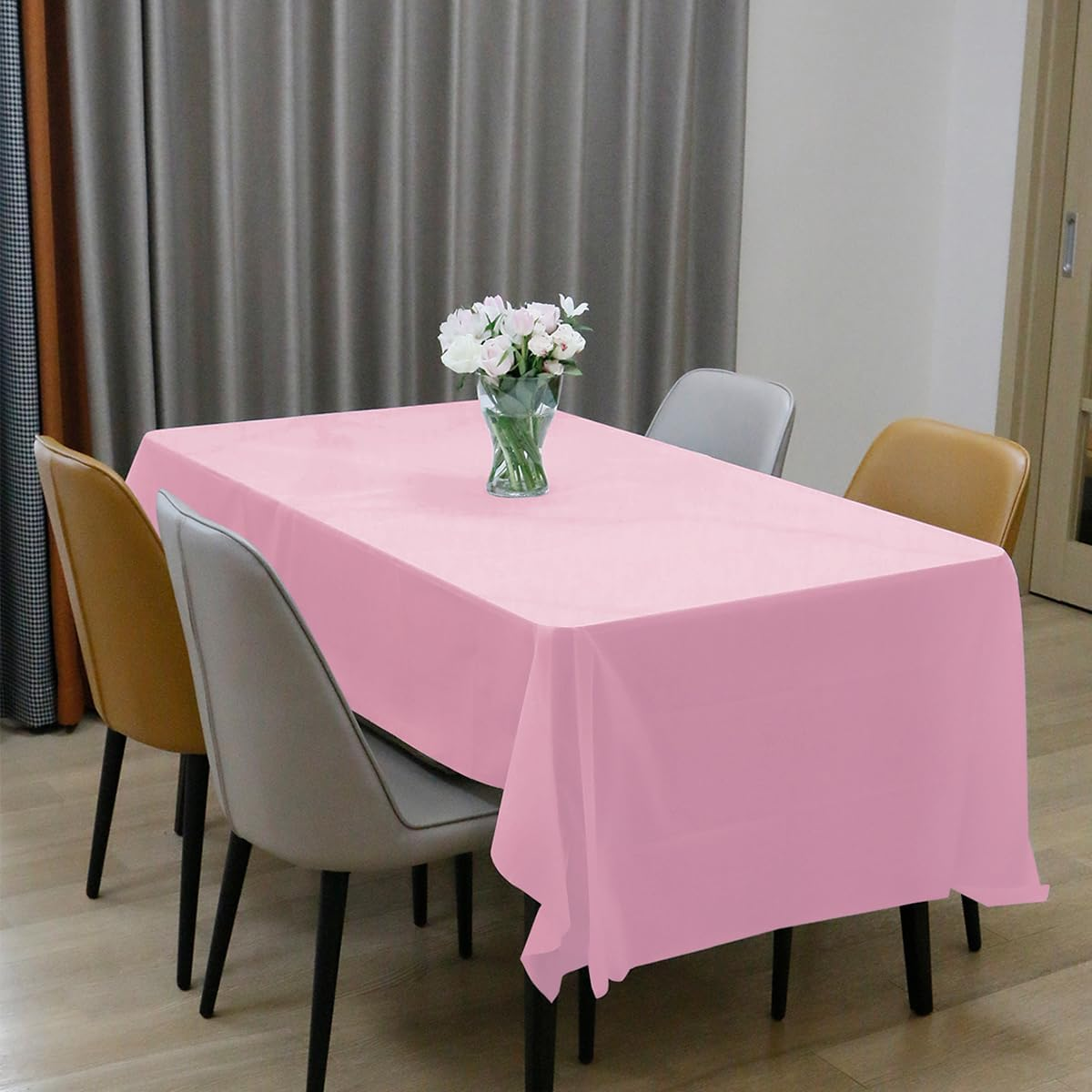 Aoozleny Premium Disposable Plastic Tablecloth (54 X 72 Inches), Decorative Rectangle White Table Cover for Wedding, Party, Banquet [5 Pack] (Pink) - White image number 2