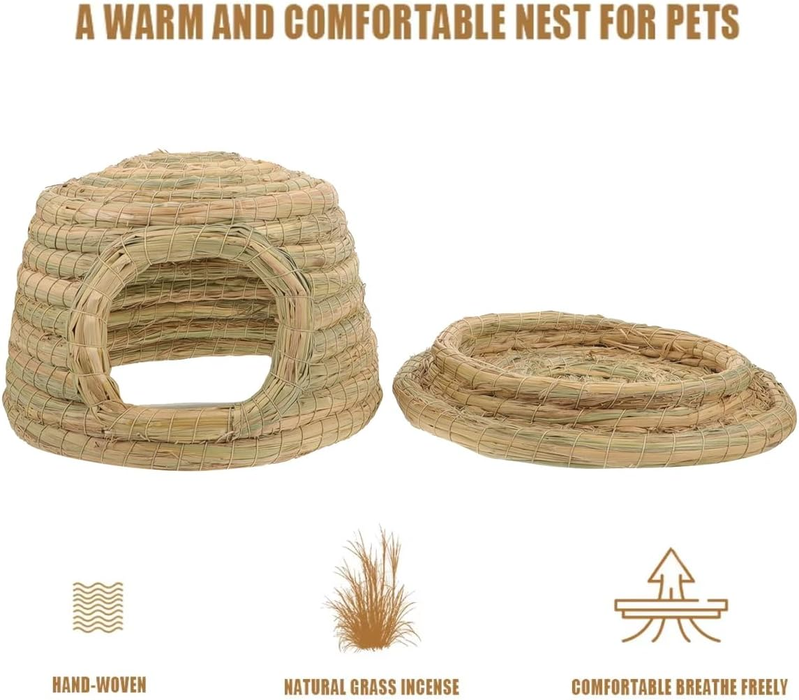 AIMALL Hand-Woven Grass Nest 10.23X5.51X13.77In Natural Straw House for Rabbit Guinea Pig Totoro Chicken Squirrel Hideout Four Seasons Breeding Shelter for Small Animals image number 2