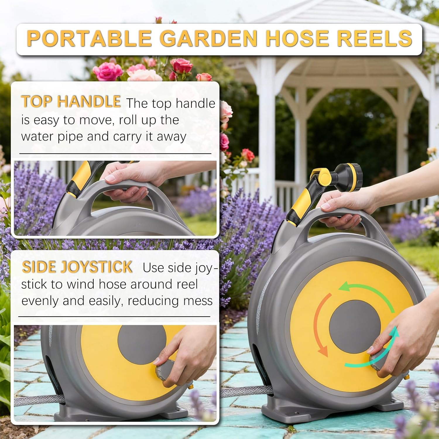 20M+2.5M Garden Hose Reel with 10 Function Sprayer Nozzle, Manual Retractable Hose Reel, Easy Storage, Durable, Frost Protection, Garden Pipe Hose Cart for Gardening, Car Washing, Pet Bathing