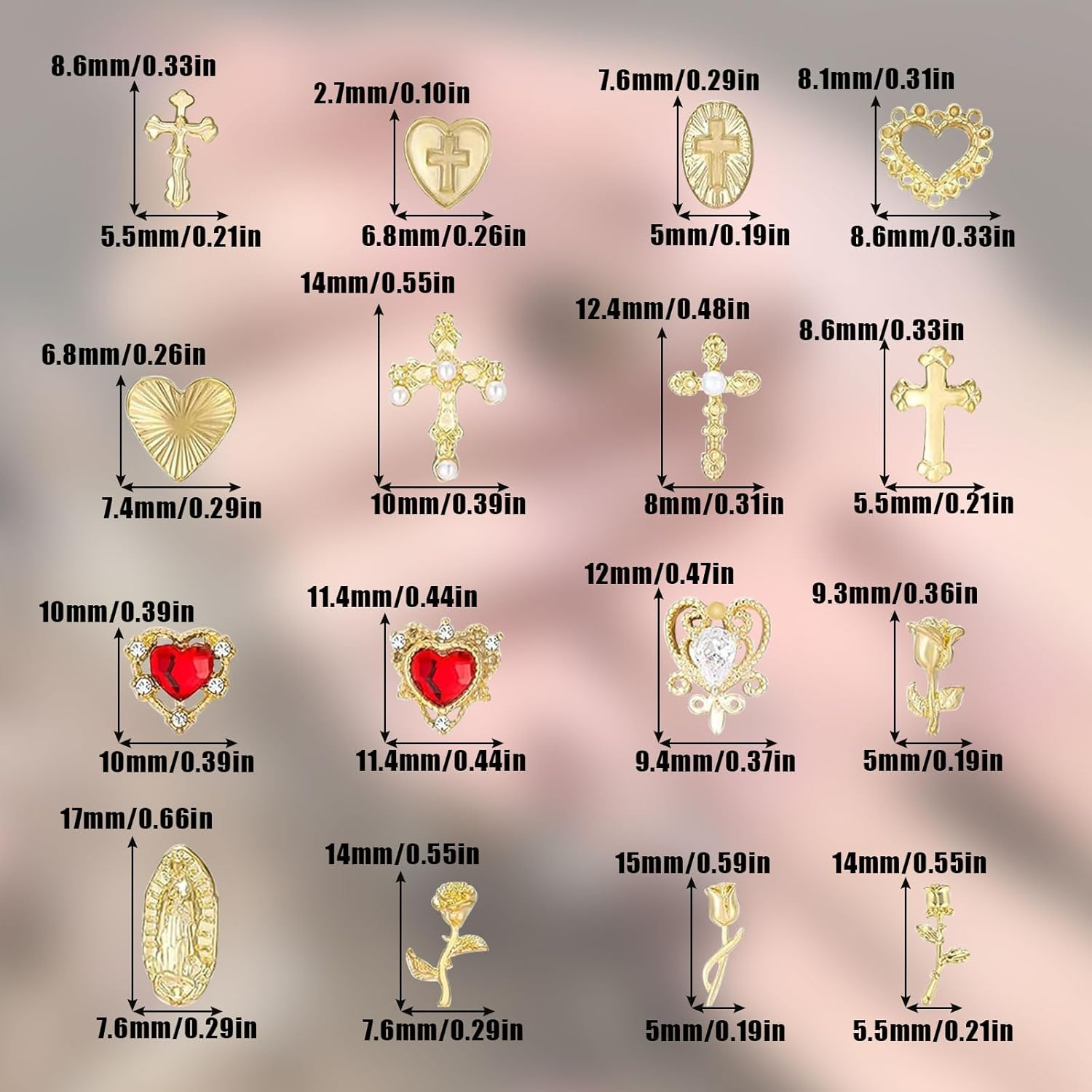 Gold Nail Charms 80 Pieces Cross Rose Heart Virgin Mary Nail Accessories Alloy Nail Accessories for Manicure Design Decorations DIY Crafts image number 1