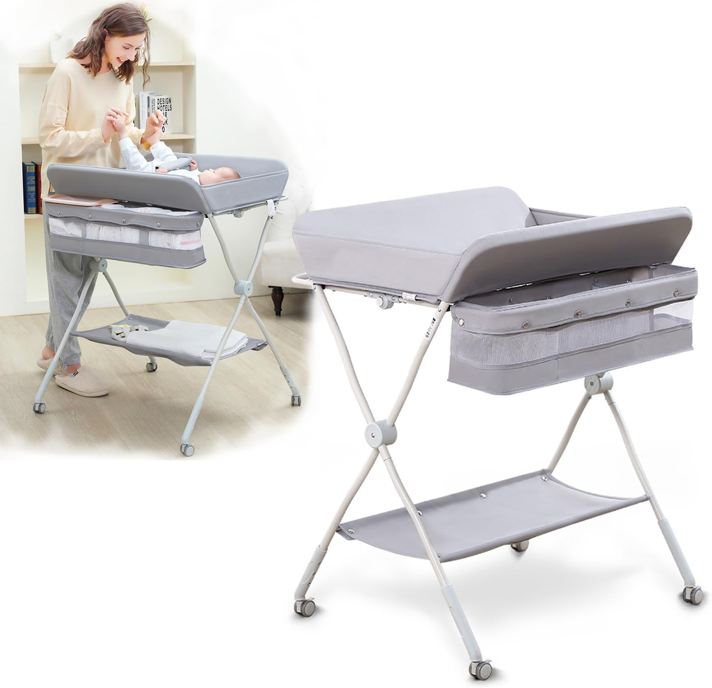 Fohouse Portable Baby Changing Table - Waterproof Diaper Changing Table with Wheels, Baby Diaper Changing Station with 3-Level Adjustable Height, Portable Changing Table with Large Organizers image number 1