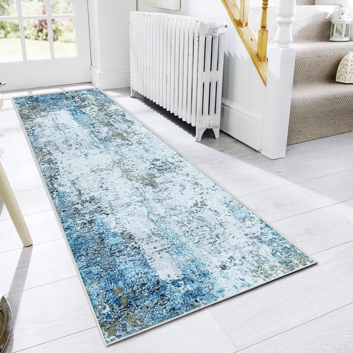 Hallway Runner Non-Slip Carpet Runner for Hallways, Kitchen & Living Room Washable Lightweight (Cream/Blue, 60 X 180 Cm)