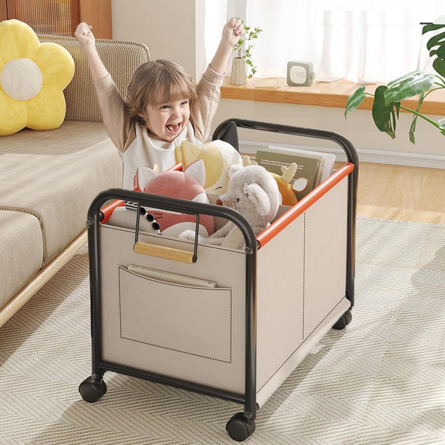 Kids Toy Box with Wheels & Dividers &ndash; Large Removable Storage Organizer Bin for Toys, Clothes, Blankets, Nursery & Playroom (For Boys & Girls) image number 4