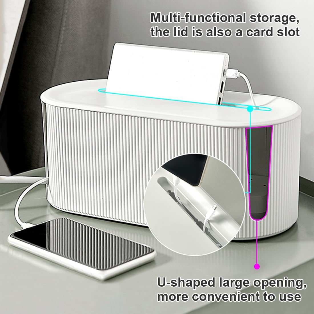 Dynus Cord Organizer Box Nordic Style Cord Box Socket Storage with Cover Household Cable Organizer Multifunctional Cable Storage Box for Powerboard, Cord, Electrical Cable, Wire, Power Strips, USB image number 4