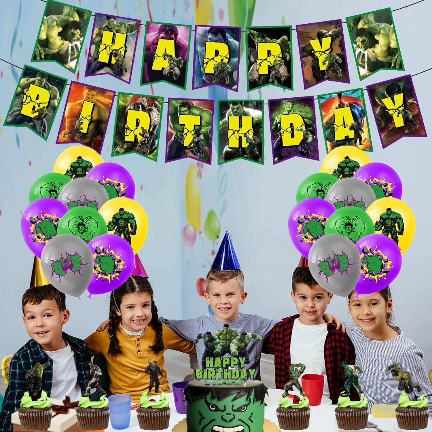 Hulk Birthday Party Decoration - Green Cartoon Balloon, Birthday Garland, Cake Topper image number 3