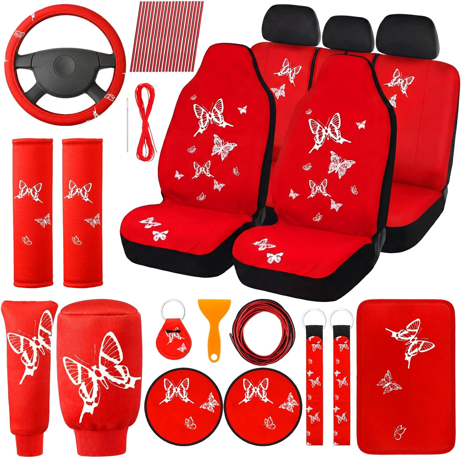 BBTO 43 Pcs Butterfly Car Seat Full Set Butterfly Car Accessories for Women 5 Front Rear Seat Covers Wrist Strap 2 Pieces Cup Mat Armrest Pad 2 Seat Belt Cover Accessories for SUV Car (Red, Black) - As Pictures Shown