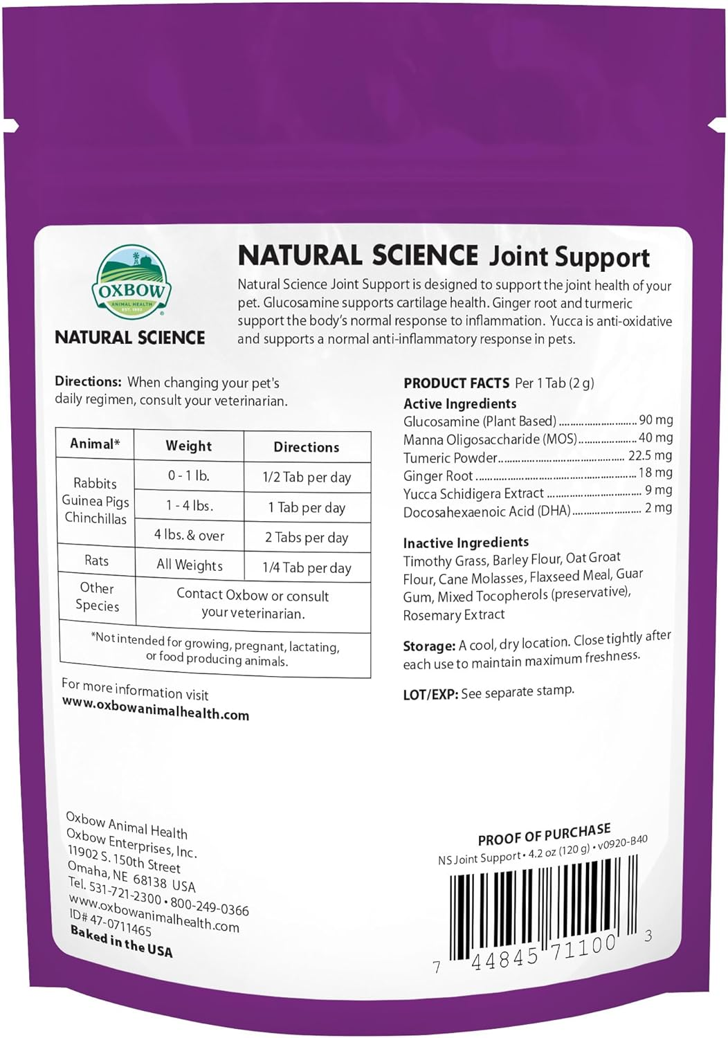 Oxbow Animal Health Natural Science Joint Support, anti Inflammatory Supplement for Rabbit & Guinea Pig, Oxbow Timothy Hay, Made with Glucosamine, Turmeric, & Yucca, Made in USA, 120G image number 1