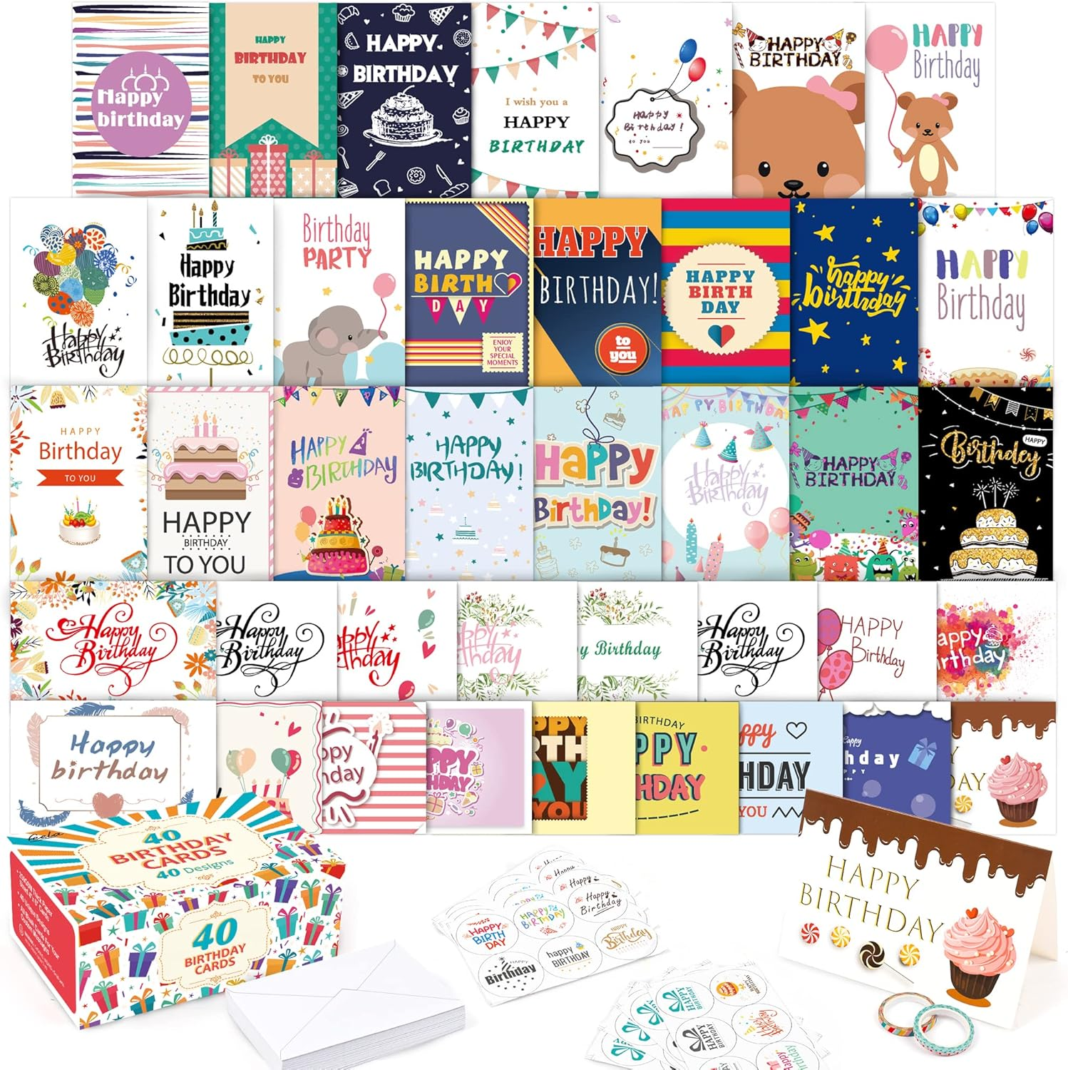Feela 40 Pack Happy Birthday Cards, 40 Designs Birthday Cards Multipack with 40 Blank Envelopes, 48 Pieces of Stickers 2 Washi Tapes, 10X15Cm Blank Greeting Cards for Women, Men, Friends and Kids