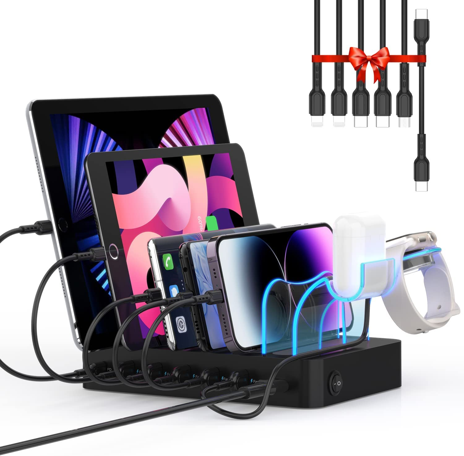 Soopii 60W 6 Port USB Charging Station for Multiple Devices, PD 20W USB C Fast Charging for Lphone 14/13/12,6 Short Cables Included, 2 in 1 Holder,For Phones,Tablets and Others