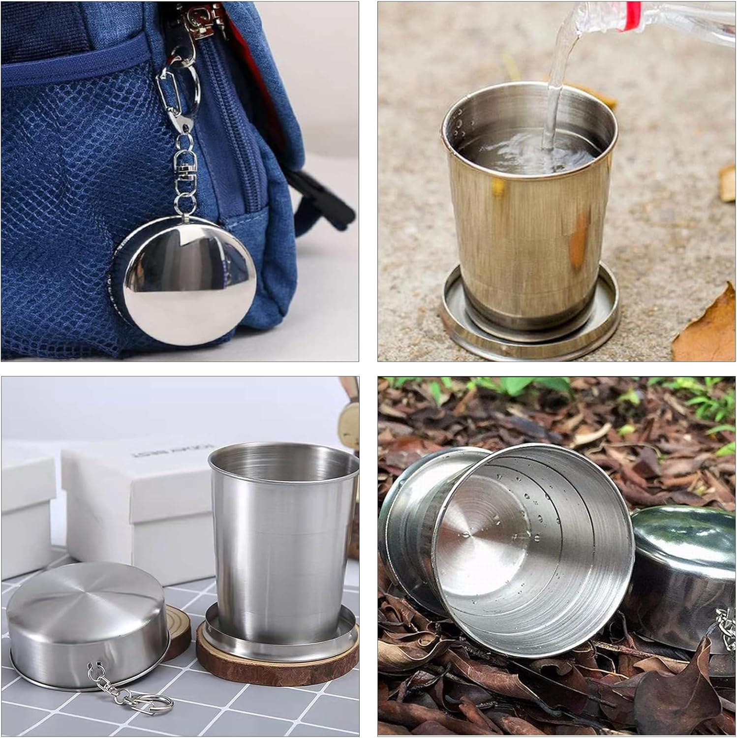 Pack of 2 Folding Cups, Stainless Steel Telescopic Cups, Outdoor Portable Telescopic Cup, Folding Cup with Key Ring, Durable Collapsible Cup, Hiking for Outdoor Activities and Daily Use image number 6