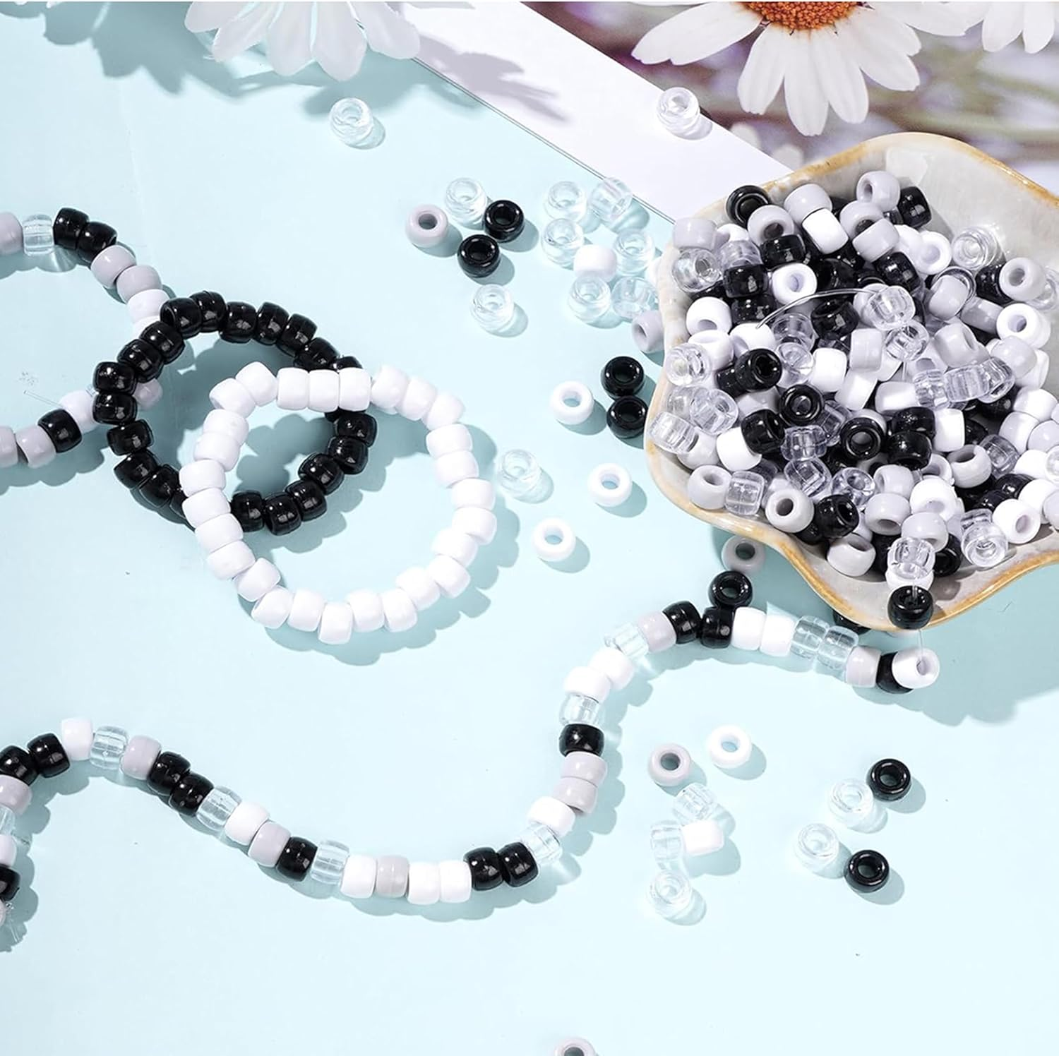 1200Pcs Pony Beads Bulk,9Mm Plastic Beads Jewellery Making Supplies,4 Styles Neutral Pony Beads for Bracelet Making Kit,Hair Beads for Braids,For Jewellery Making DIY Crafts image number 5