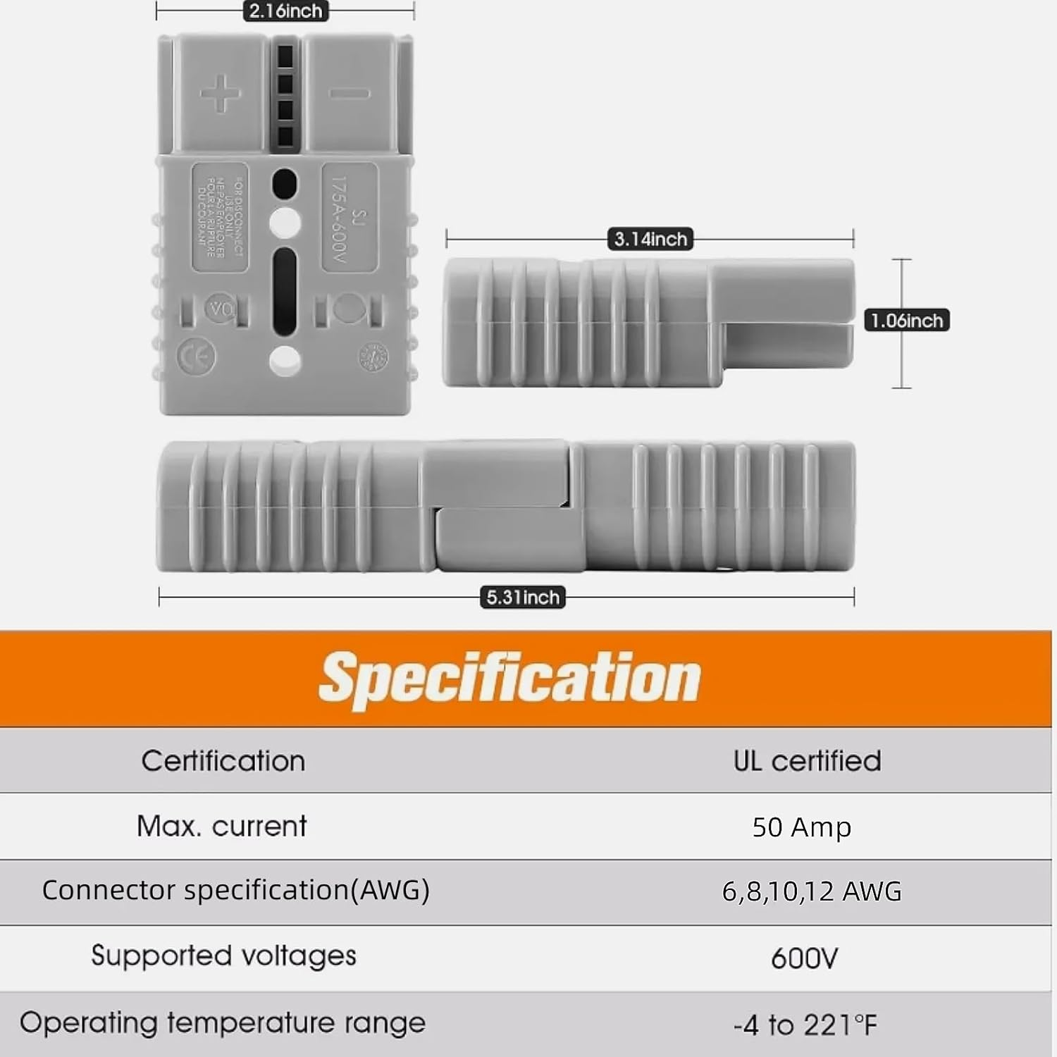 KUGONTC 600V Electric Forklift Charging Plug Cable,Anderson Plug Connector Cable,50A Battery Quick Connector,Jumper Cable Connector,With 10AWG 60Cm Cable Towing Winch Quick Connect Cable. image number 3