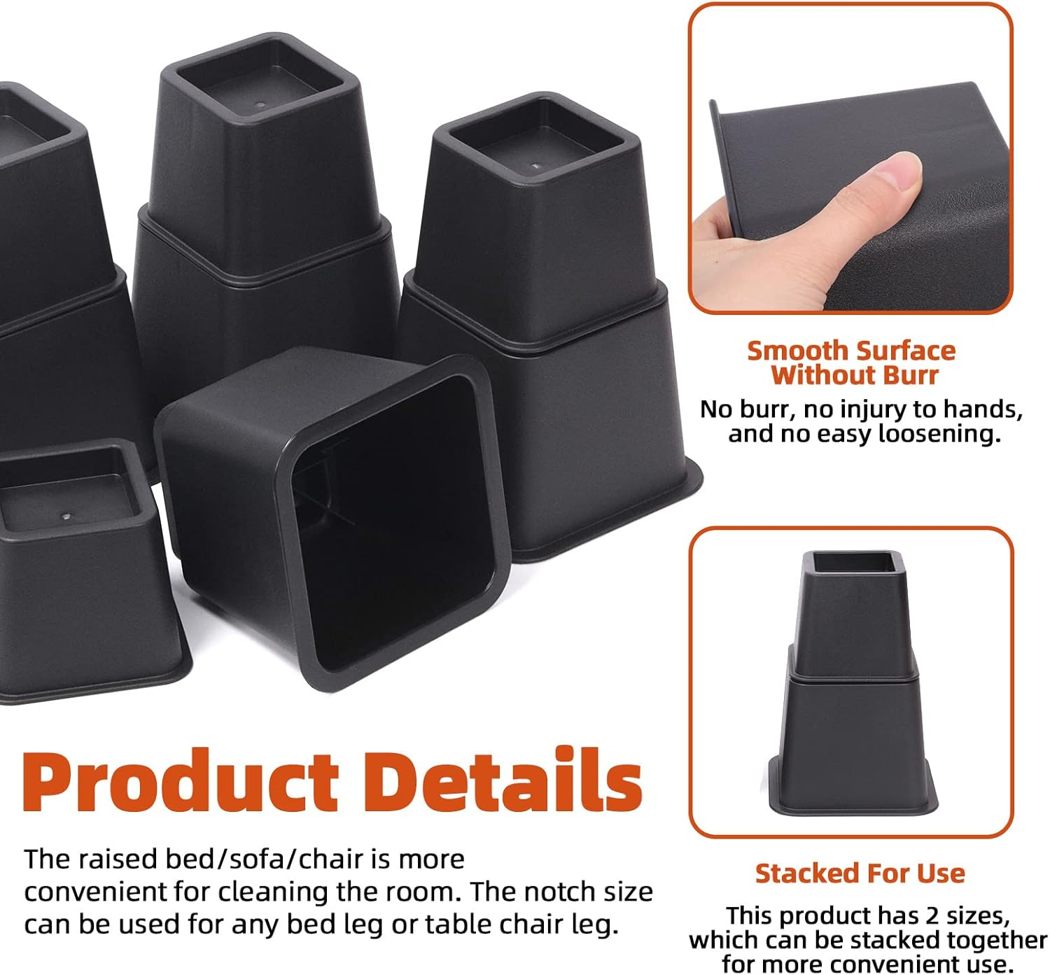 Tanstic 8Pcs Bed Risers Kit, Heavy Duty Bed Elevators in Heights of 4 Inch & 6 Inch, Adjustable Bed Furniture Risers, Bed Lifts Risers for Sofa Table Legs (Black) image number 3