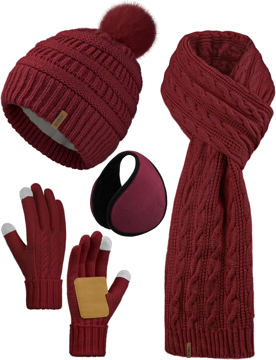 Aneco 4-In-1 Women Winter Beanie Hat Scarf Touchscreen Gloves Ear Warmer Set Fleece Lined Warm Knit Skull Cap with Pom Pom