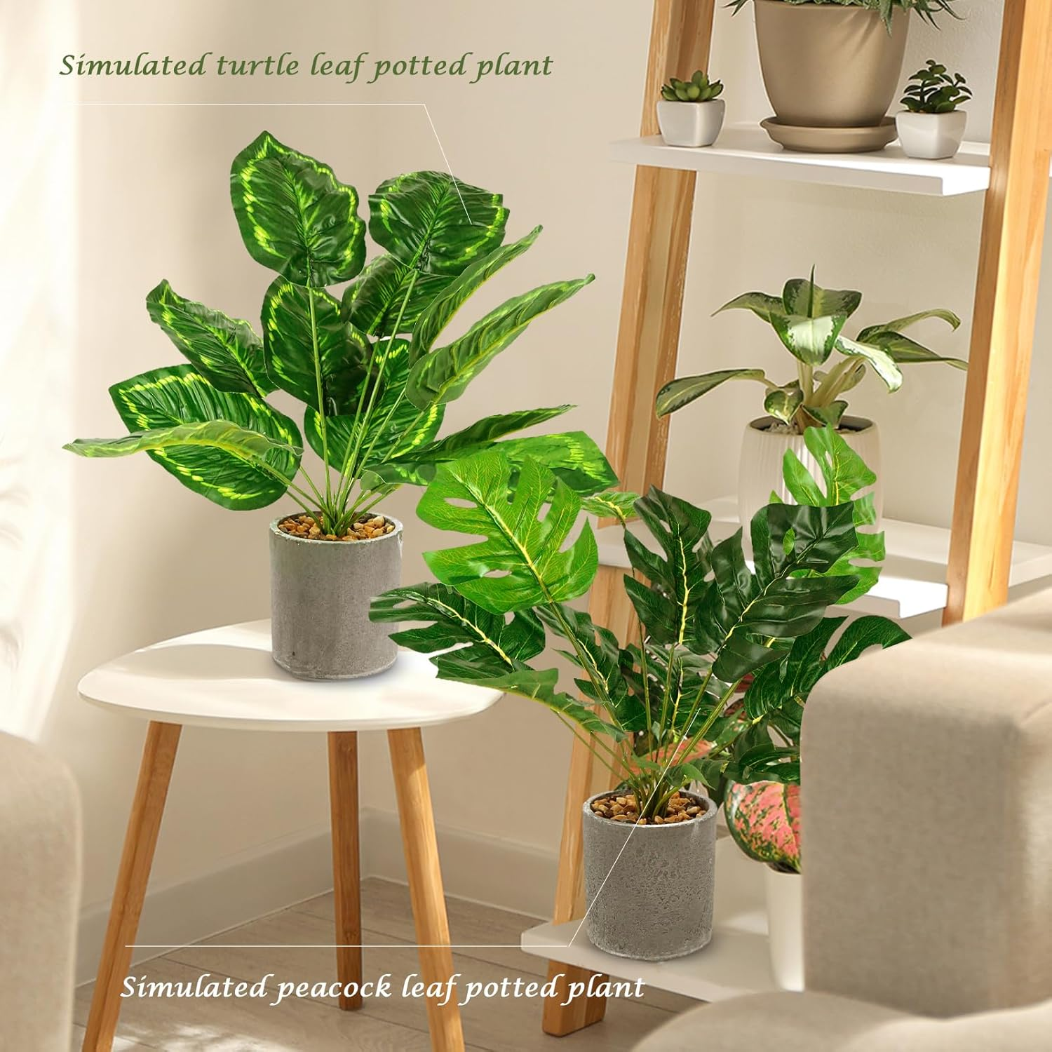 Lenamos 2 Pack Fake Plants Artificial Potted, 16" (40Cm) Faux Plants for Office Desk Home Farmhouse Decor Desk Shelf Living Room Bathroom Kitchen Greenery Decoration (Monstera Leaf + Peacock Leaf)