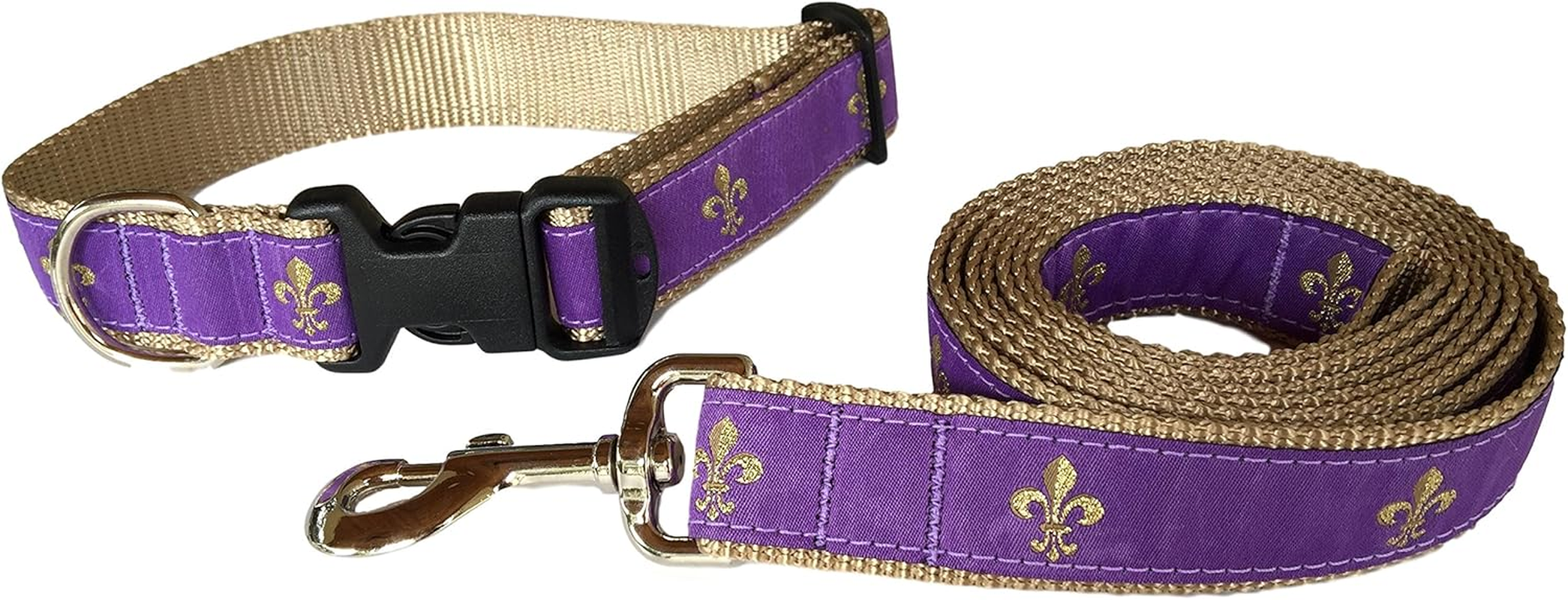 Preston Fleur De Lis Dog Collar and Leash Set in Purple and Gold Ribbon on Gold Nylon Webbing (Large)
