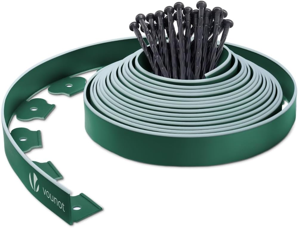 VOUNOT&reg; Plastic Lawn Edging Border with 60 Ground Anchors, 20M Flexible Garden Edging Strip for Grass, Paths, Gravel or Flower Beds, Weatherproof Landscape Border, 5Cm High, Green & Green Outline Edge