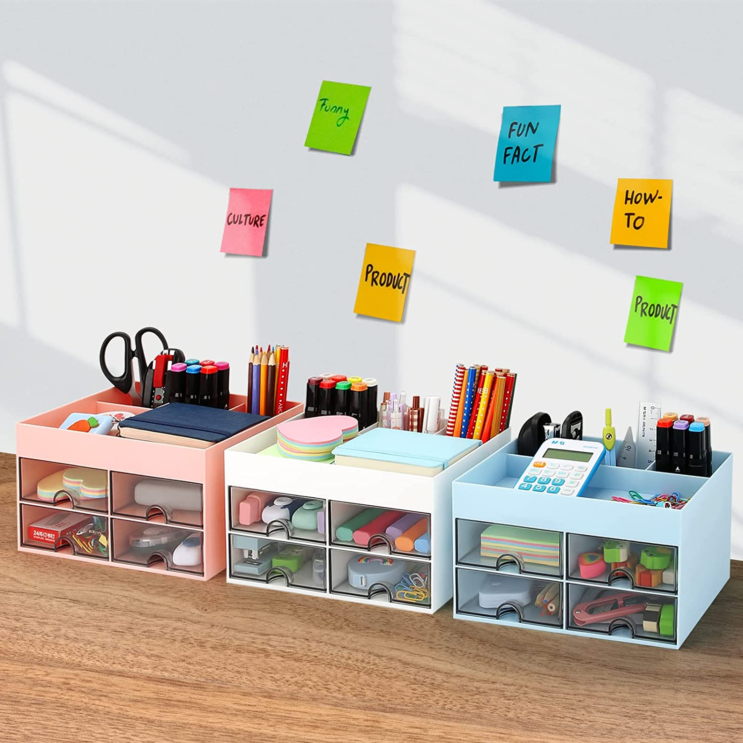 LETURE Desk Organizer Office Desktop Organizer with Drawer, Desk Top Accessories Stationary Organizer Desk Caddy, Pen/Pencil/Business Card/Sticky Note Tray/Paperclip Holder Storage Box (White) - Colorful A image number 7