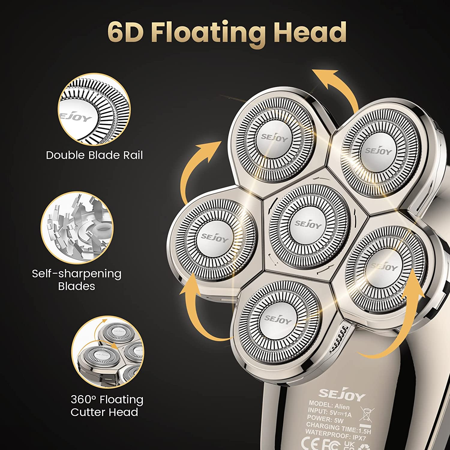 Electric Razor for Bald Men, Bald Head Shavers for Men 5-In-1 Multifunctional 6D Electric Head Shaver Waterproof Recharageable Rotary Shaver Grooming Kit image number 3