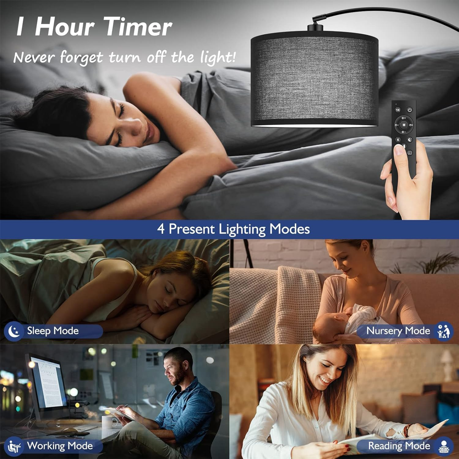 Modern Curved Floor Lamp with Remote Control, 3-Level Dimmable Standing Lamp, Adjustable Height, Marble Base, Warm Light, Floor Lamps for Living Room, Bedroom, Office &ndash; 12W 185Cm (White) image number 3