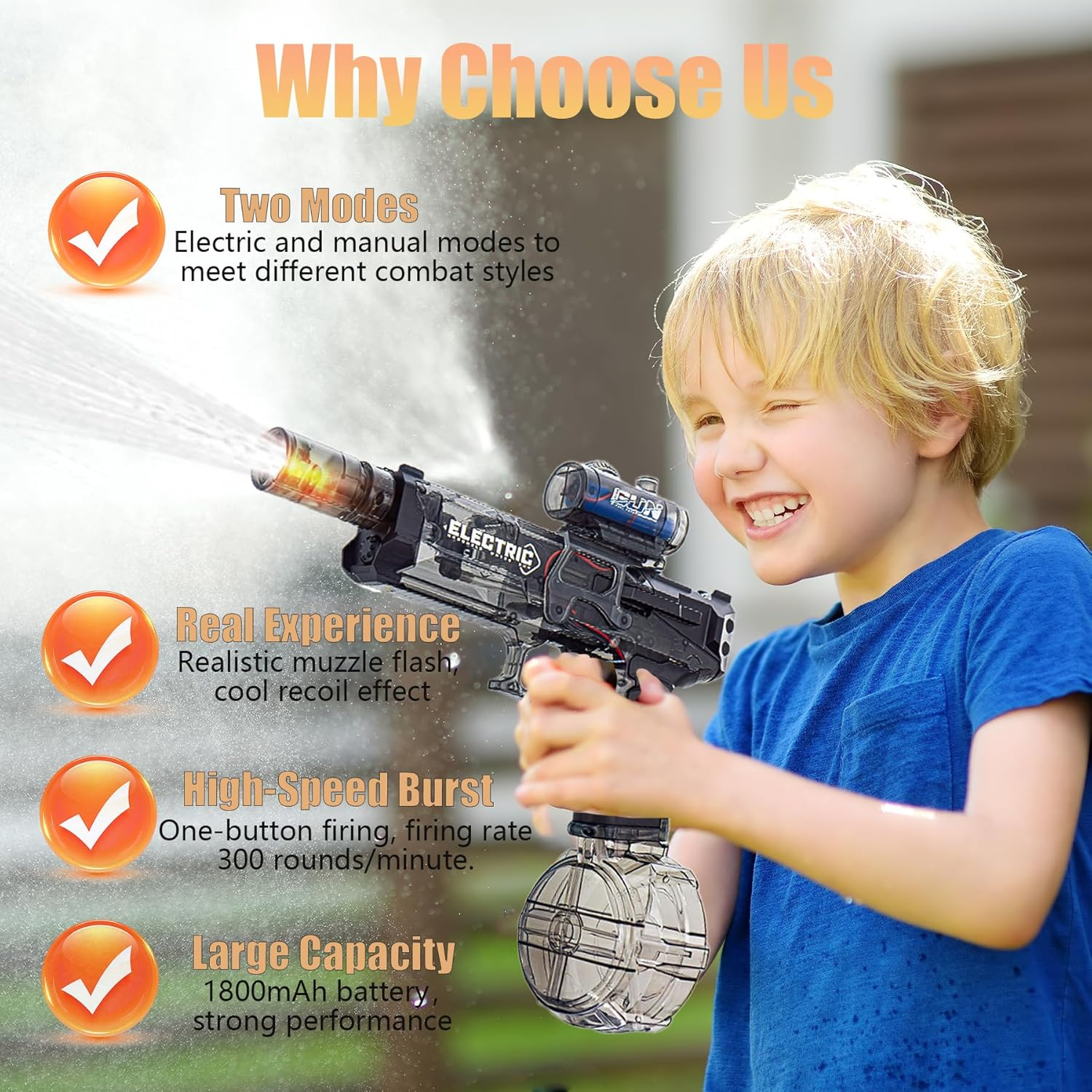 Wakouter Electric Water Gun for Adults Kids, Long Range Automatic Squirt Watergun, with Realistic Guns Muzzle Flame Rechargeable Automatic Watergun Swimming Toys for Summer Pool Beach Party (Black) - Red image number 2