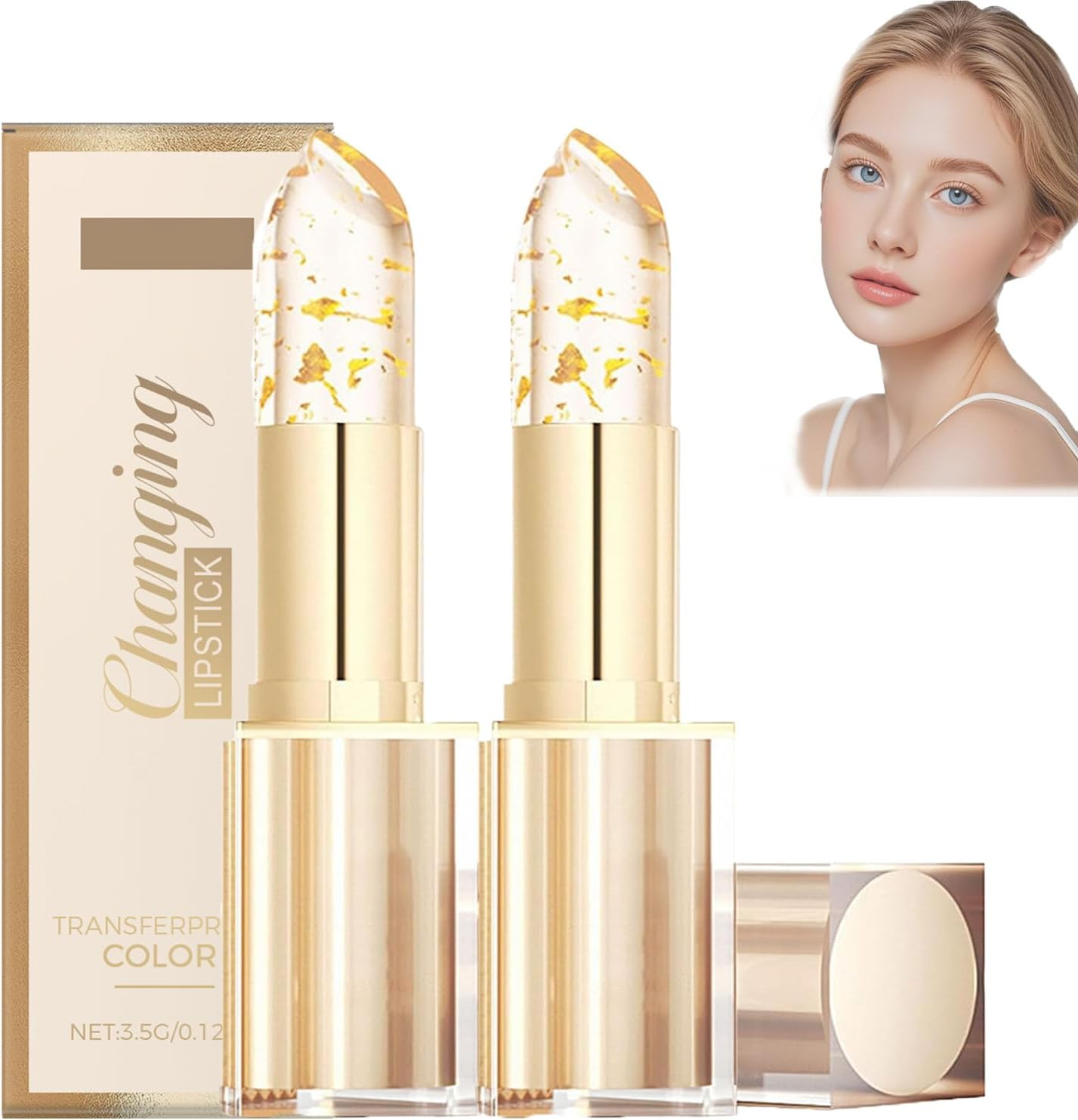 Fenvio Lipstick,Transfer Proof Colour Changing Lipstick,Gold Crystal Lipsticks Colour Changing,Glossy Shine Lips Balm for Women,Transfer Proof & Hydrating Lip Gloss,Plump Lip Makeup Women (2 PCS)