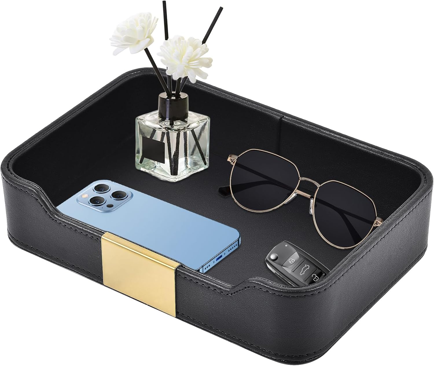 XNONE Luxury Leather Pocket Empty Tray Organiser, Storage Box, Faux Leather Storage Tray, Key Shell for Watches, Mobile Phones, Jewellery, Keys, Coins, Purse and Office Equipment, Black