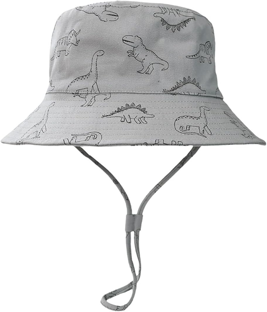 AIMALL Spring Summer Baby Sun Hat Cartoon Dinosaur Print, Wide Brim Sun Protection Fisherman Hat with Adjustable Chin Strap, Lightweight Breathable Cotton
