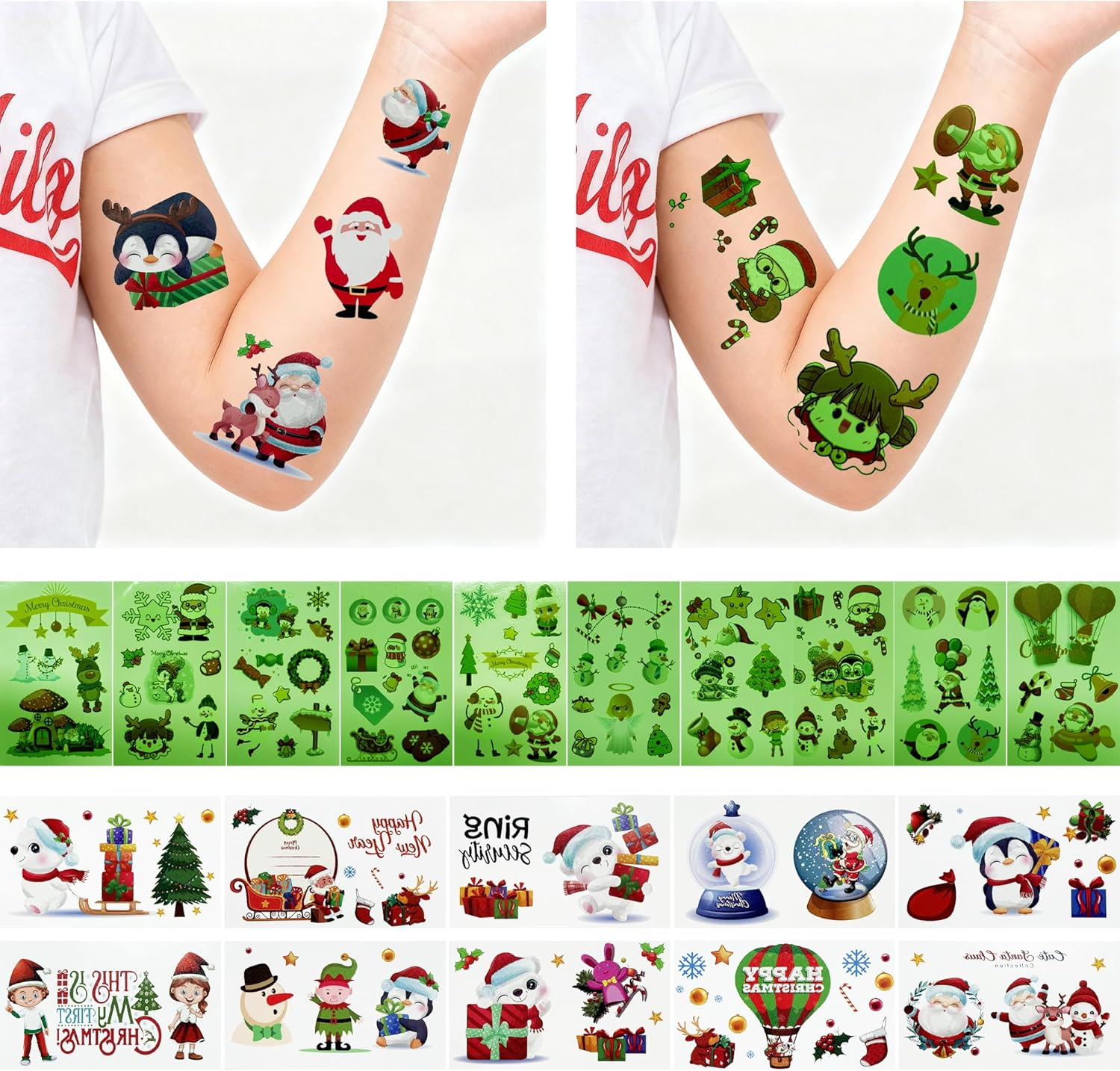 30 Sheets Christmas Luminous Temporary Tattoos for Kids -10 Sheets Christmas Glow in the Dark Tattoos Stickers & 20 Sheets Cute Tattoo Decorations for Boys and Girls, Party Favours Stocking Stuffers Gifts image number 2