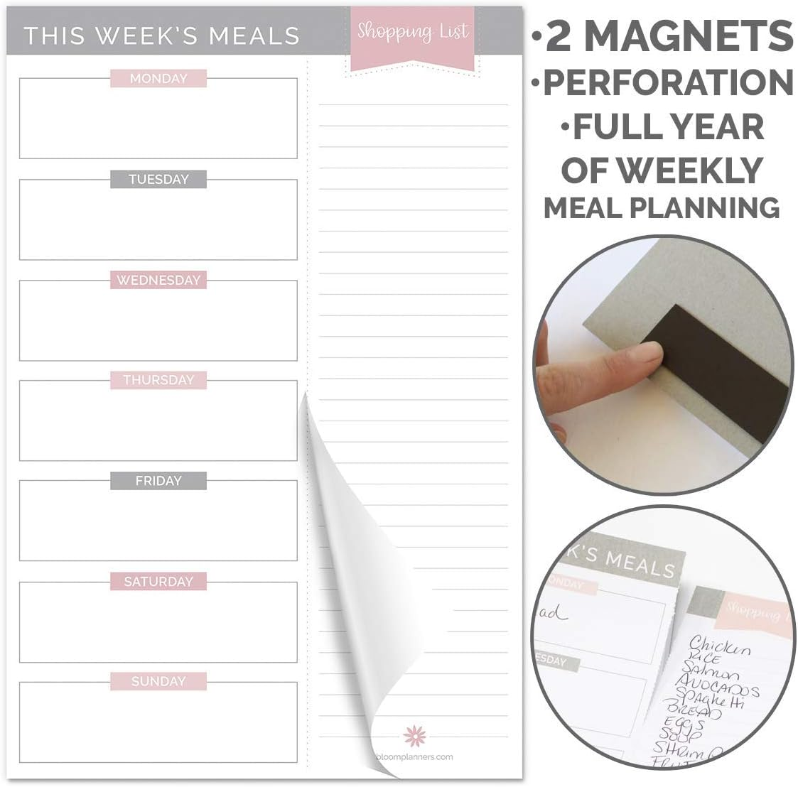 Bloom Daily Planners Weekly Meal Planning Pad - Magnetic Hanging Refrigerator Menu Planner with Tear-Off Sheets & Perforated Grocery Shopping Lists - 6X9 (Grey & Pink)