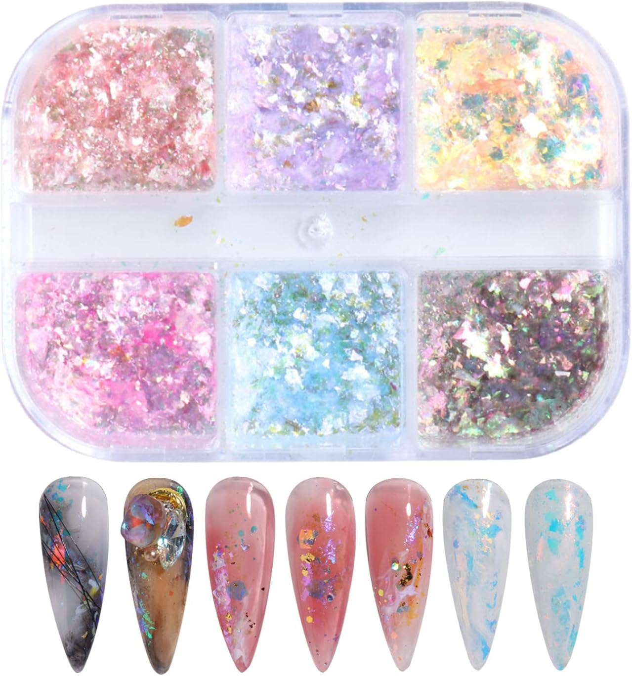 Holographic Nail Glitter,1Boxes 12Grids Nail Flakes Aurora Iridescent Irregular Paillettes,Mermaid Bright Colorful Ice Foil Nail Sequins for DIY Nail Art Decoration Shining Flakes image number 2
