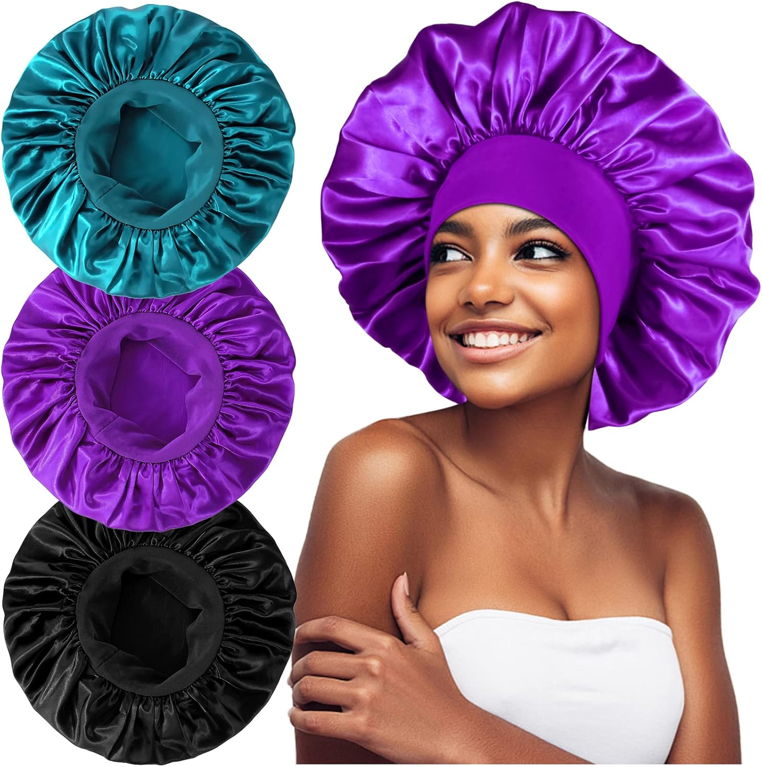 3PCS Extra Large Satin Bonnets for Sleeping, Hair Bonnets for Black Women Braids Curly Hair