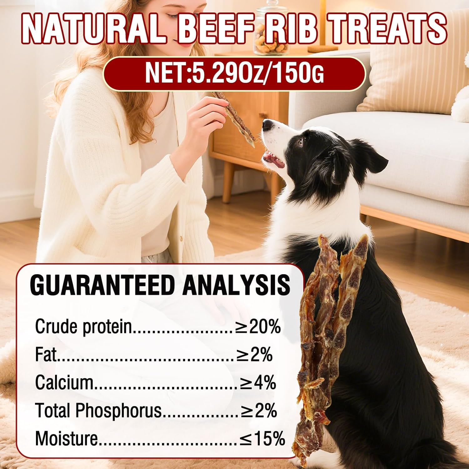 Beef Rib Bones Dog Treats,100% Natural Rib Bone Beef Chews from Grass Fed Cattle,Long Lasting Dog Chew Bones for Aggressive Chewers,Promotes Dental Health,150G