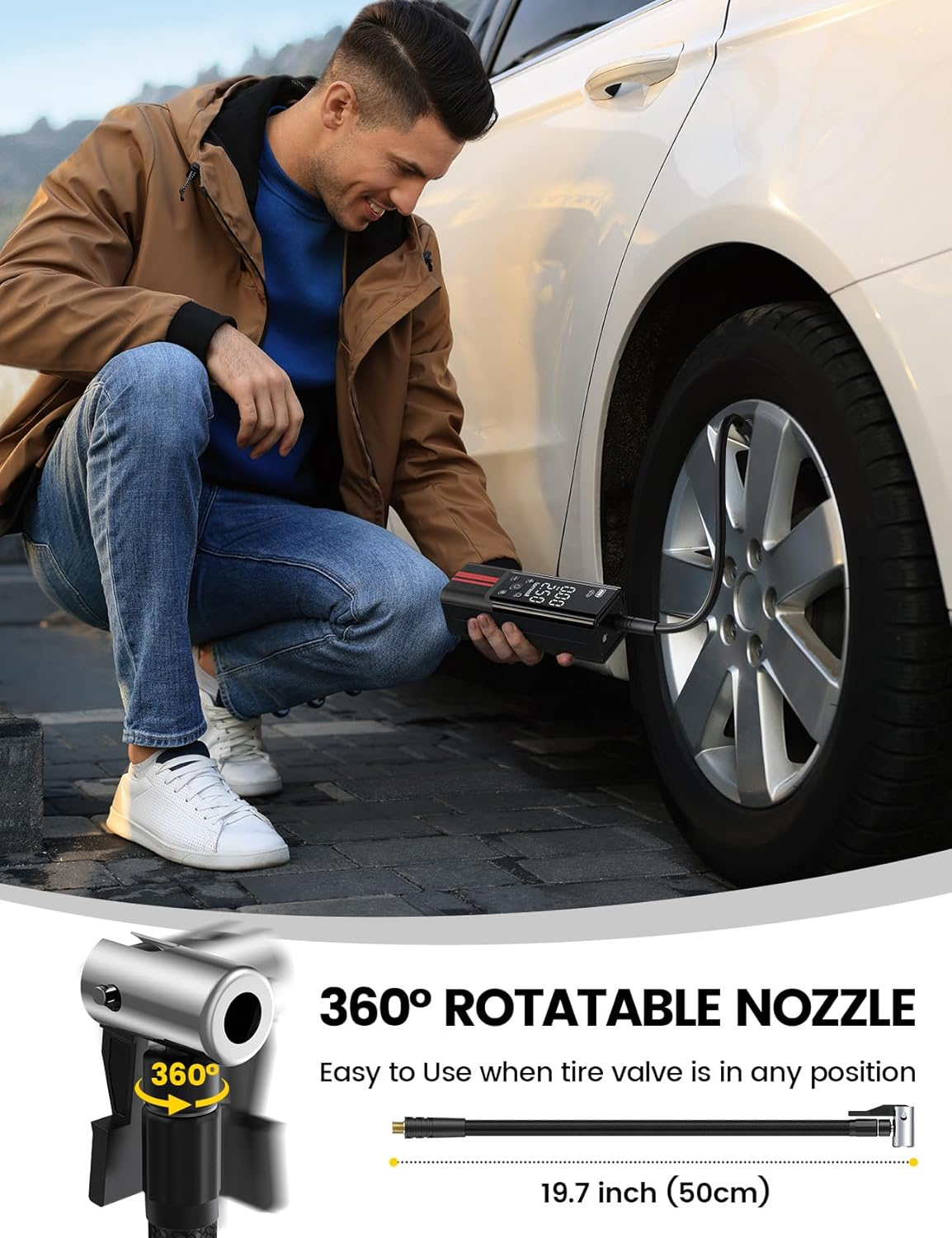 Tire Inflator Portable Air Compressor - Lamicall 150 PSI 5000Mah Cordless Car Air Pump, 1 Min Fast Inflate, Electric Tire Pump with 12V DC, Digital Pressure Gauge, LED Light, for Auto Bike Motorcycle image number 5