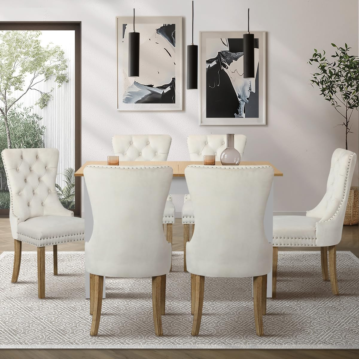 Oikiture Dining Table and Chair Sets 7Pcs Home Dining Sets with Wooden Table and Velvet Chairs image number 7