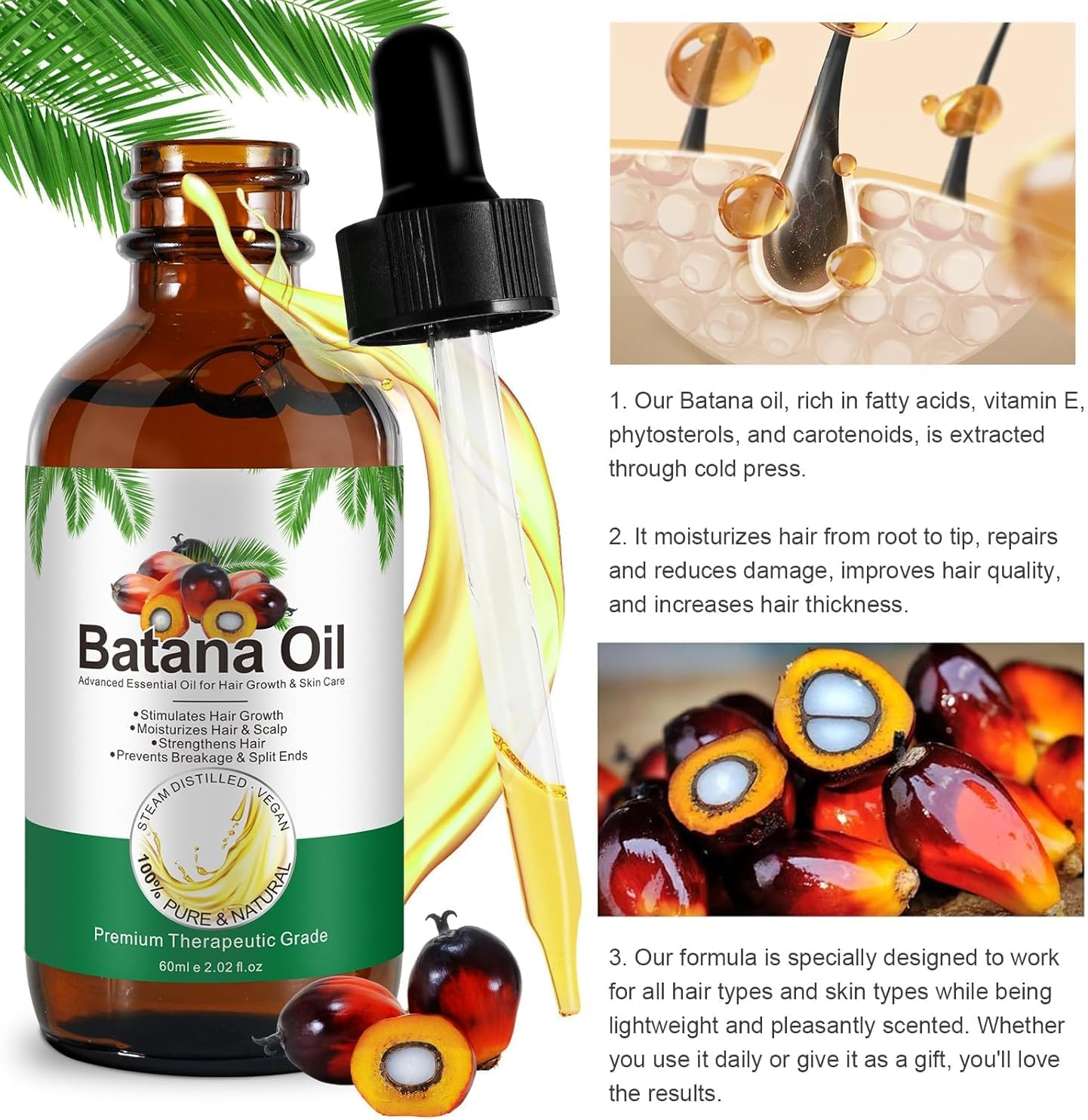 Pure Batana Oil for Hair Growth &ndash; Natural & Unrefined from Honduras | Nourishing Scalp Treatment & Moisturizing Hair Oil | Ideal for Dry & Damaged Hair image number 3