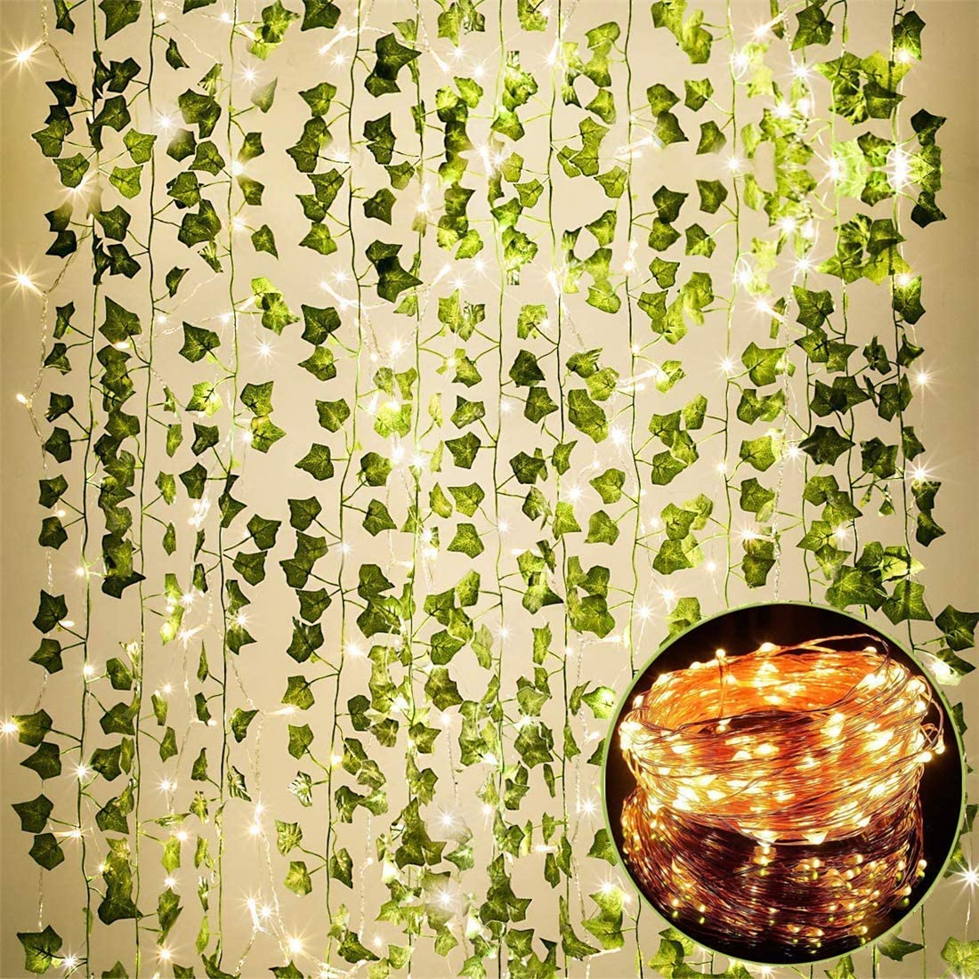168 FT Artificial Ivy 24 Pack Ivy Vine Garland Ivy Leaves Greenery Garlands Hanging with 400 LED String Light Fake Leaf Plants Faux Green Flowers Decor for Home Kitchen Garden Office Wedding Wall