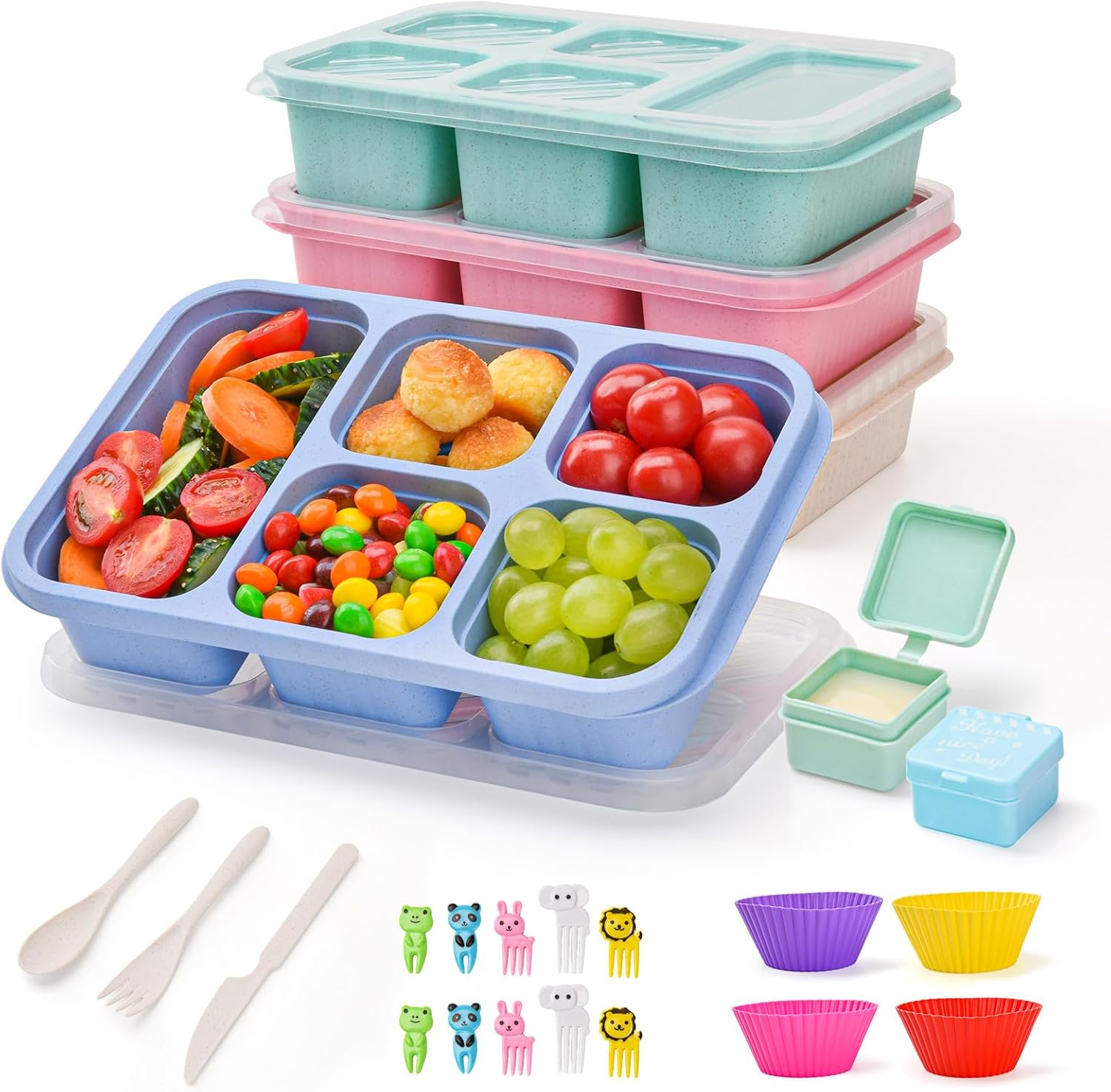 4 Pack Bento Snack Box, 5 Compartment Lunchable Snack Containers, Stackable Bento Lunch Boxes for Kids & Adults, Reusable Wheat Straw Meal Prep Lunch Containers for School，Work and Travel image number 5
