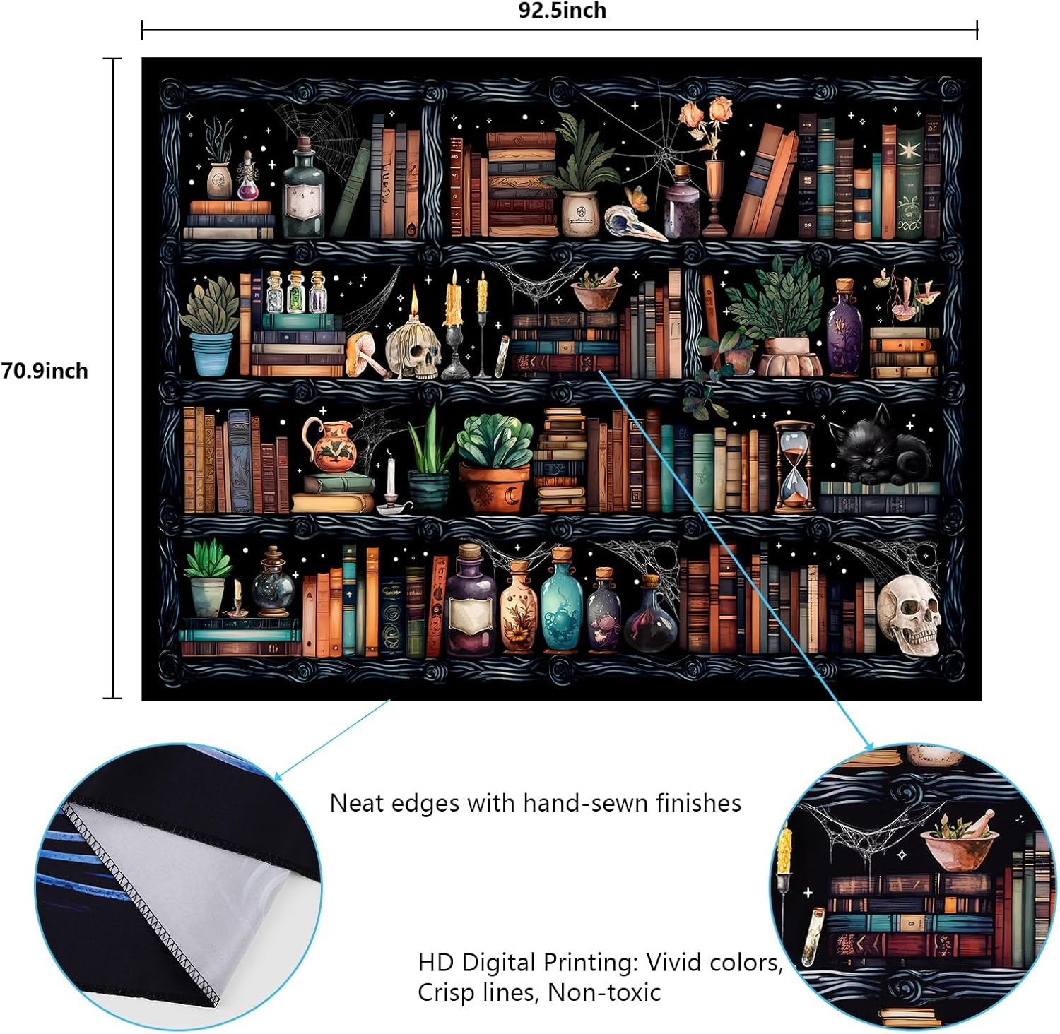 Uspring Magical Book Tapestry Goth Skull Black Cat Wall Tapestry Hanging for Bedroom Home Decor (70.9 X 92.5 Inches)