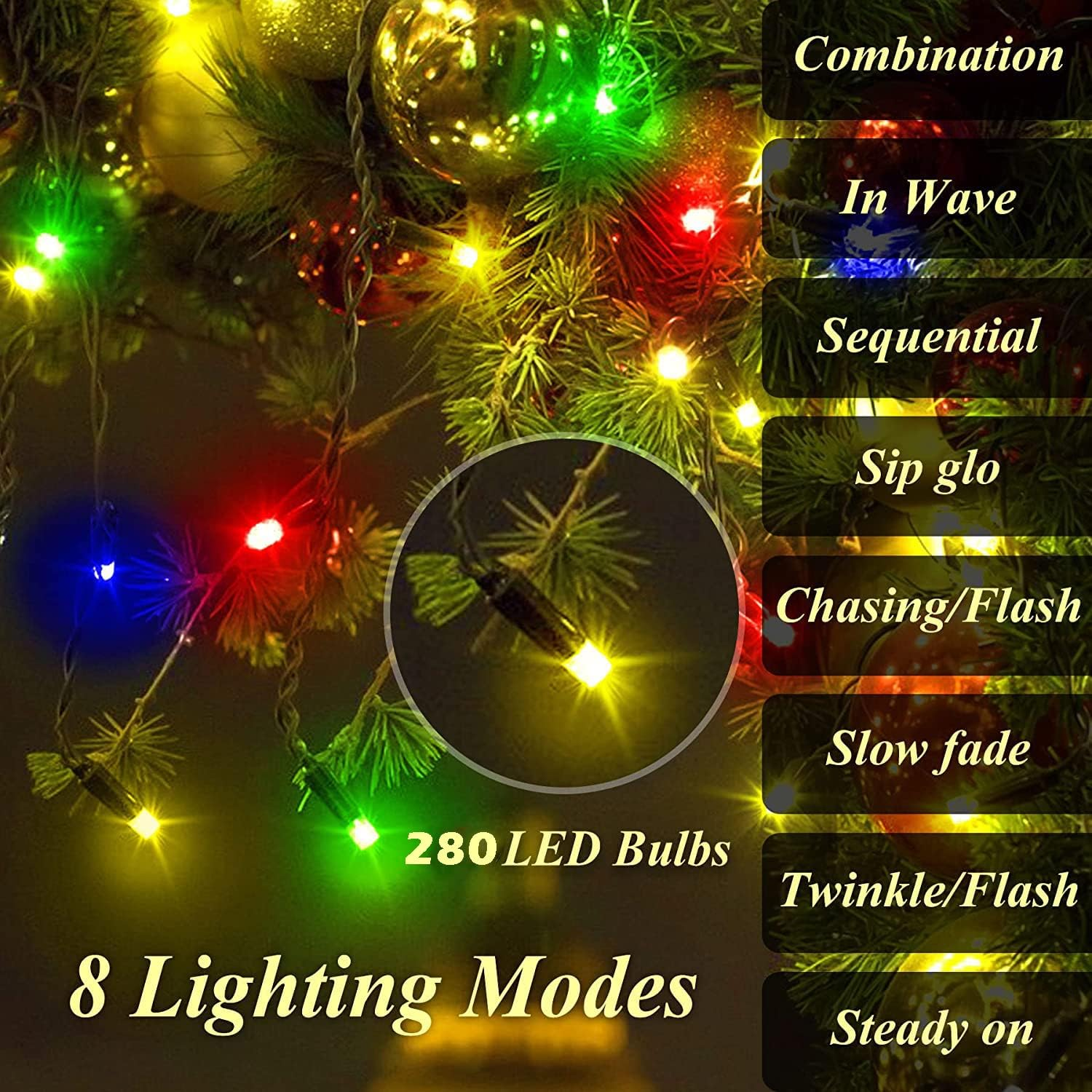 Christmas Tree Lights 280 LED, 2M X 8 Lines Easy to Install Christmas String Lights with 8 Modes, Christmas Decorations Christmas Lights for 1.8M - 2.4M Xmas Tree - Multicolor - Multi-Colored image number 6