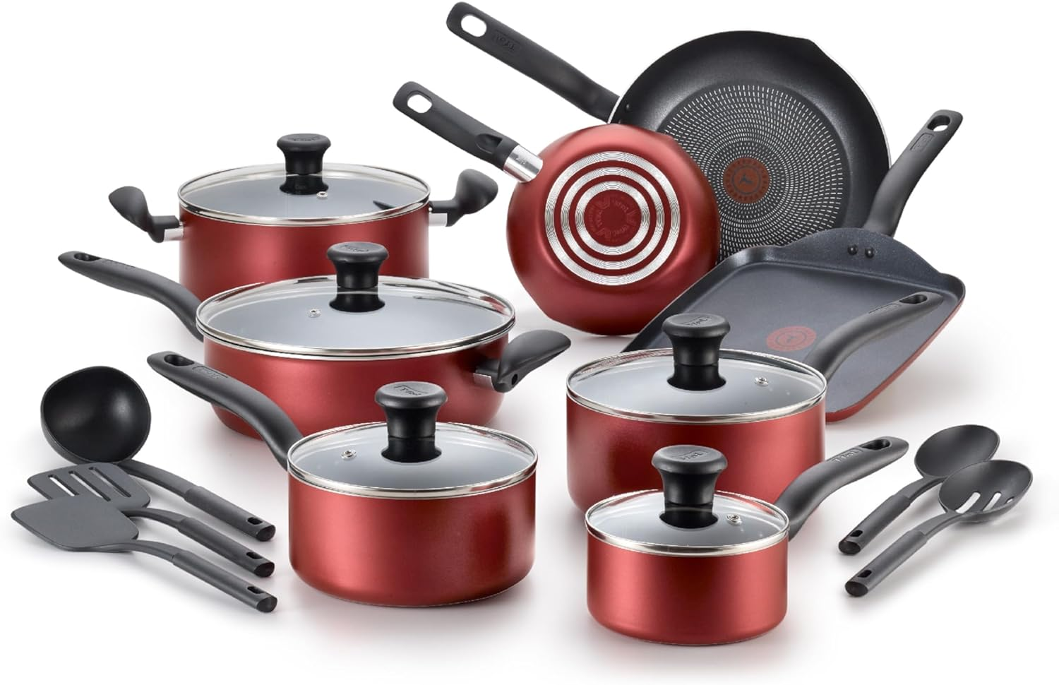 T-FAL B165SI Initiatives Nonstick inside and Out Dishwasher Safe 18-Piece Cookware Set, Red