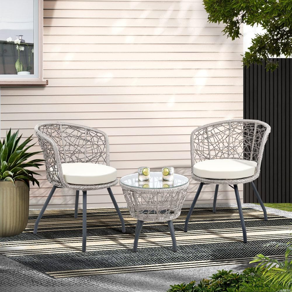 Gardeon 3Pcs Wicker Patio Furniture, Bistro Set Table and Chairs Outdoor Lounge Setting Conversation Sets Dining Chair Garden Backyard, Cushion with Rattan Coffee Table round Grey
