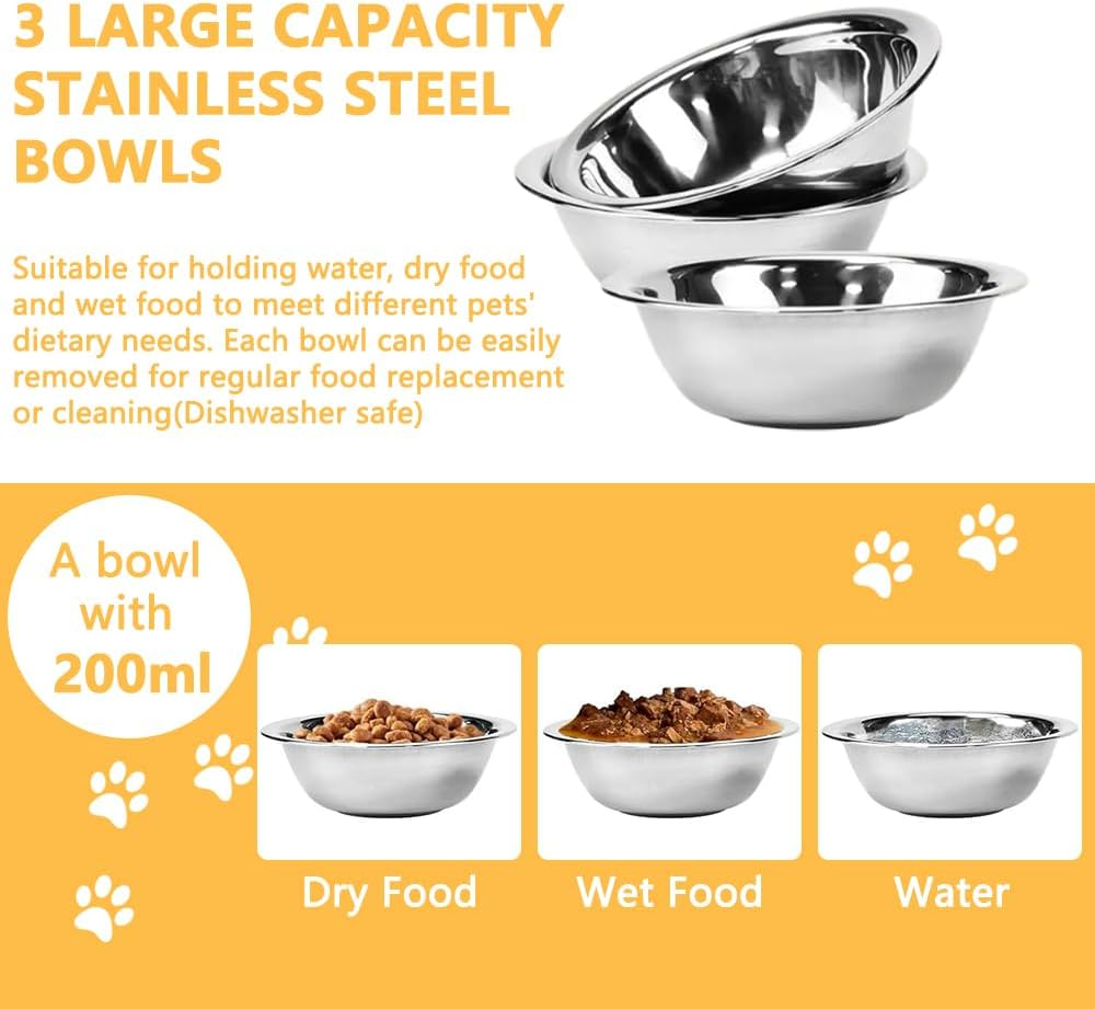 Cat Bowls Elevated, Raised Cat Food Bowls, Adjustable Heights Cat Food and Water Bowl with Black Shelf, 3 Stainless Steel Cat Dishes for Food and Water image number 5