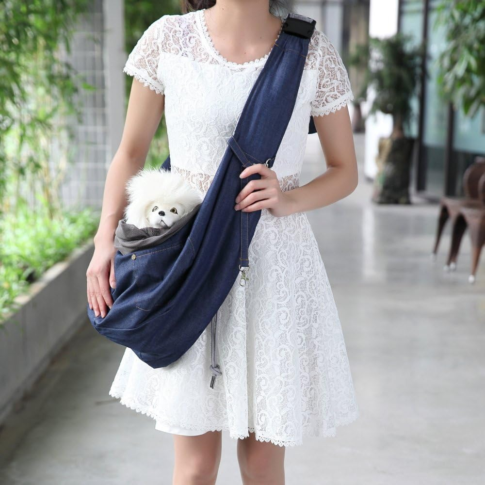 CYBERNOVA Reversible Pet Sling Carrier Bag Adjustable Length up to 13+ Lbs - Offers Strength and Comfort Carrier Bag with Your Dog Cat on Trip (Dark Blue) image number 1