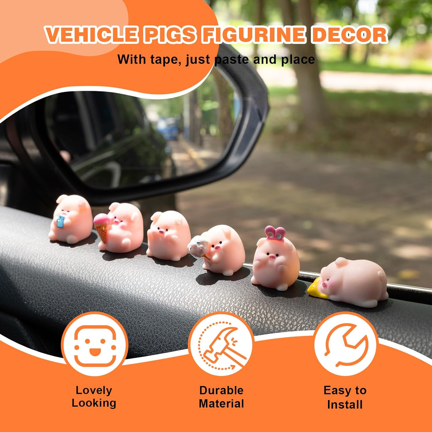 Cute Pig Car Dashboard Decor, 6PCS Cute Pink Pig Car Dash Decorations Car Door Rear View Mirror Ornament Interior Accessories for Home Office - Luminous Pig image number 4