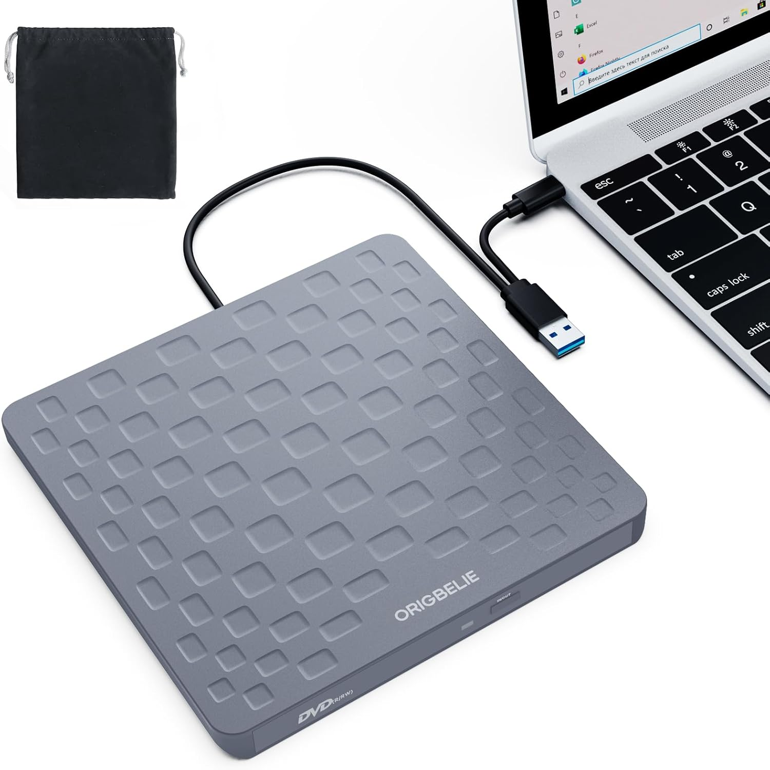 ORIGBELIE External CD DVD Drive for Laptop, USB 3.0 Type-C Ultra Slim 13Mm DVD Player Portable CD DVD +/-RW Drive CD Burner Reader Writer Recorder for Desktop PC Windows 11/10/8/7 Linux Mac OS (White)