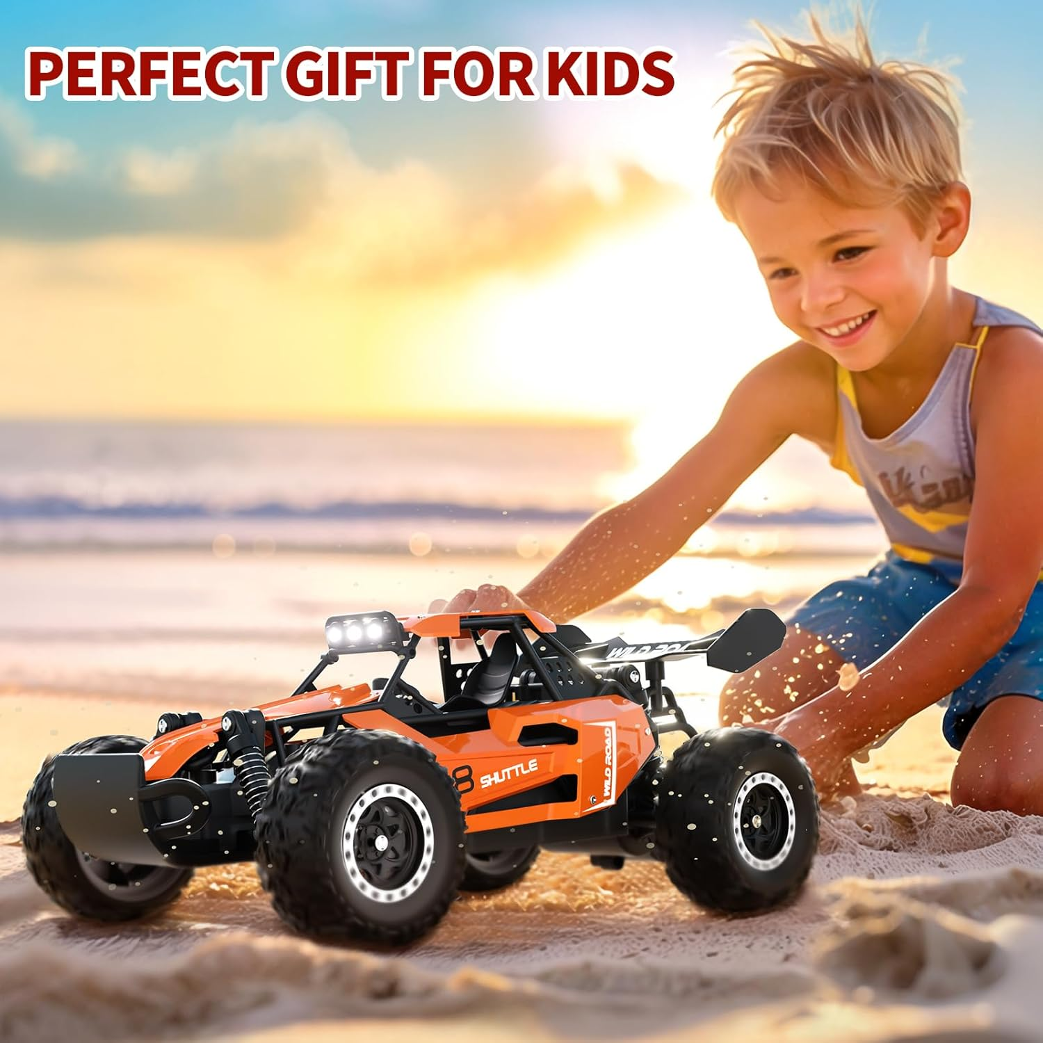 Remote Control Car,1:16 Scale Alloy RC Cars Toys for Boys Kids, 2.4Ghz 4WD Off-Road Vehicle with LED Headlight(Orange) - Black image number 3