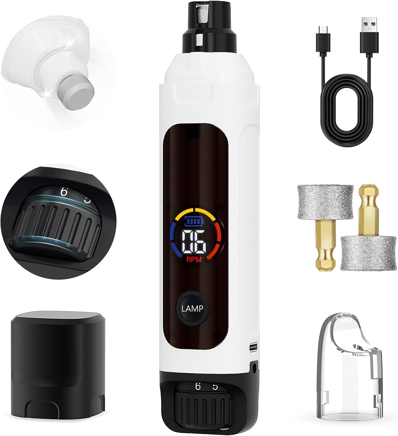 Electric Dog Nail Grinder, Portable 6-Speed Pet Nail Grinder 12000RPM with 2 LED Lights & Large Battery, Rechargeable Dog Nail Grinding Machine for Cats Small Medium Large Dogs Grooming Tools image number 1